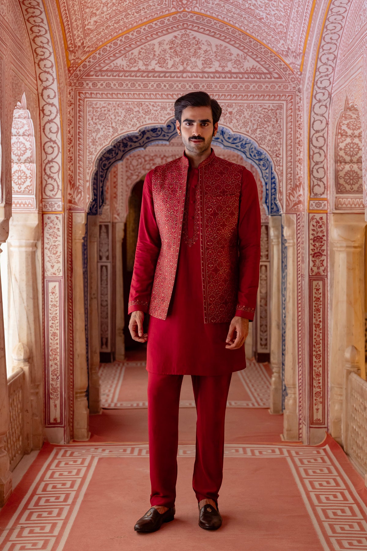 Vermillon Red Kurta Bundi Set