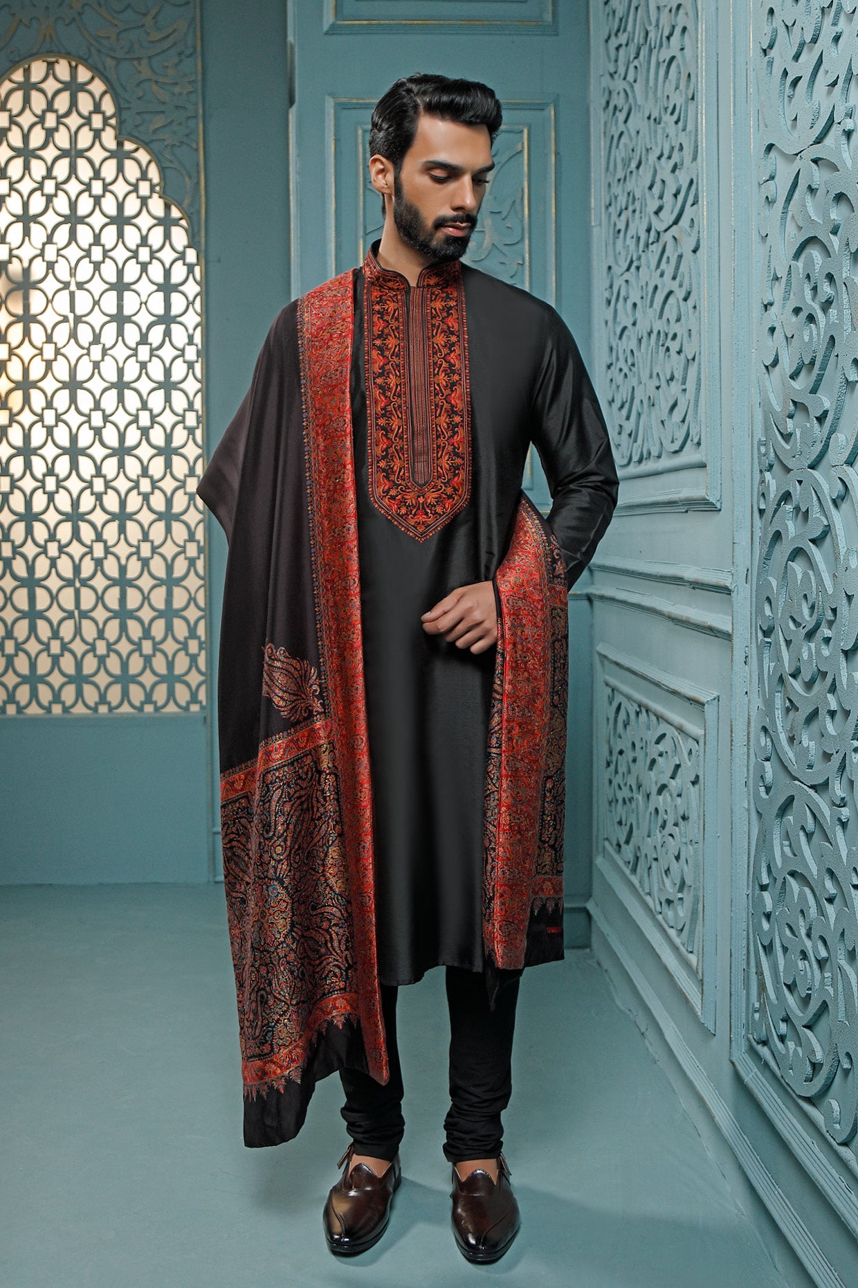 Black Jamewar Style Kurta Set