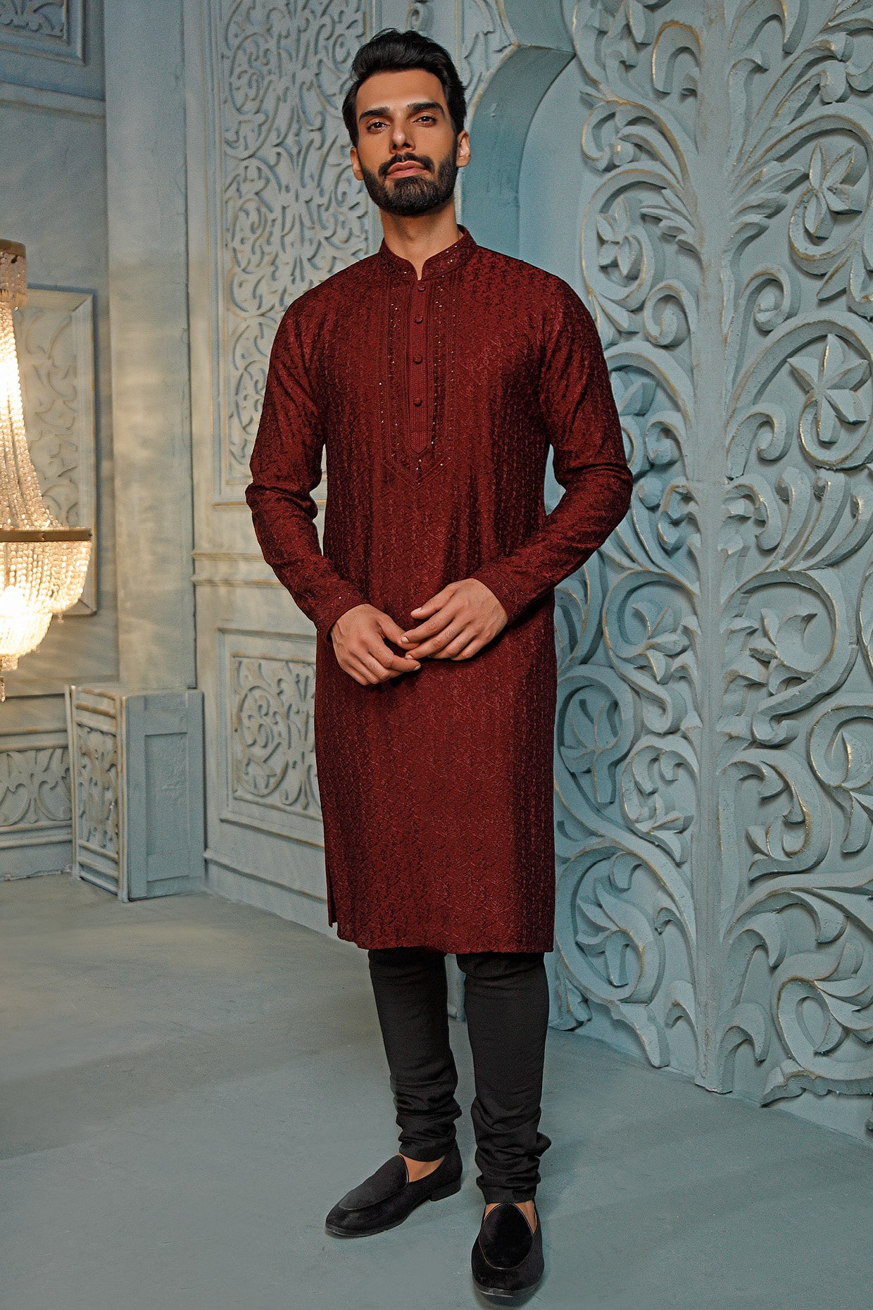 Wine Resham Embroidered Kurta Set