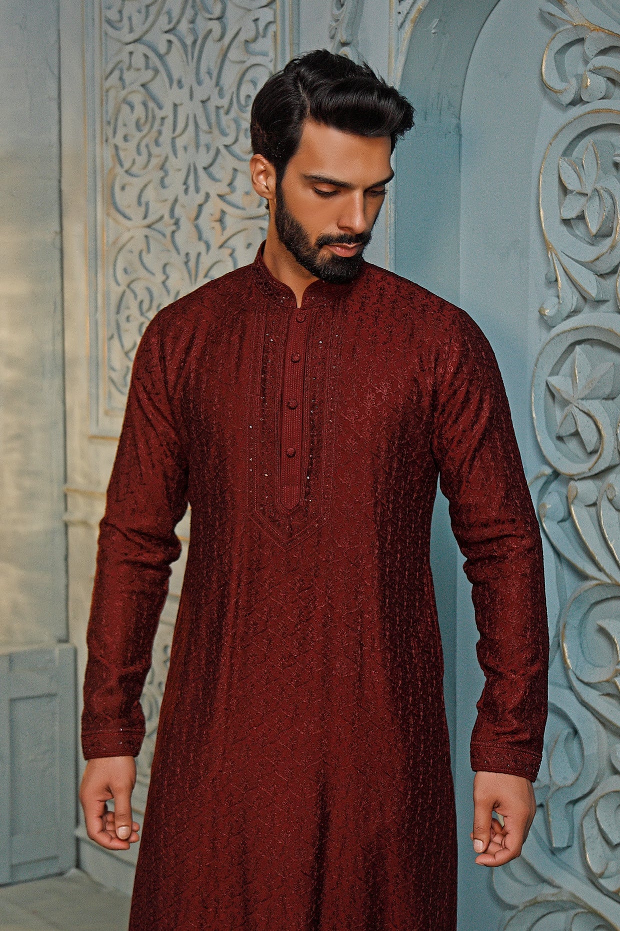 Wine Resham Embroidered Kurta Set