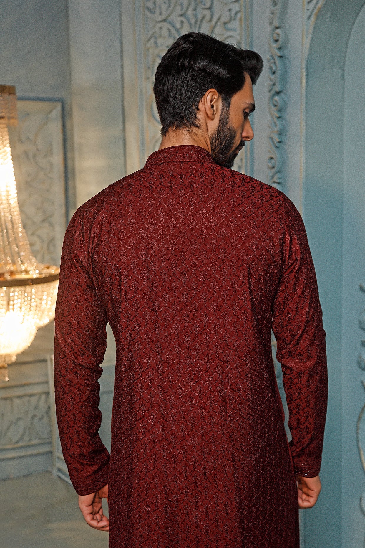 Wine Resham Embroidered Kurta Set