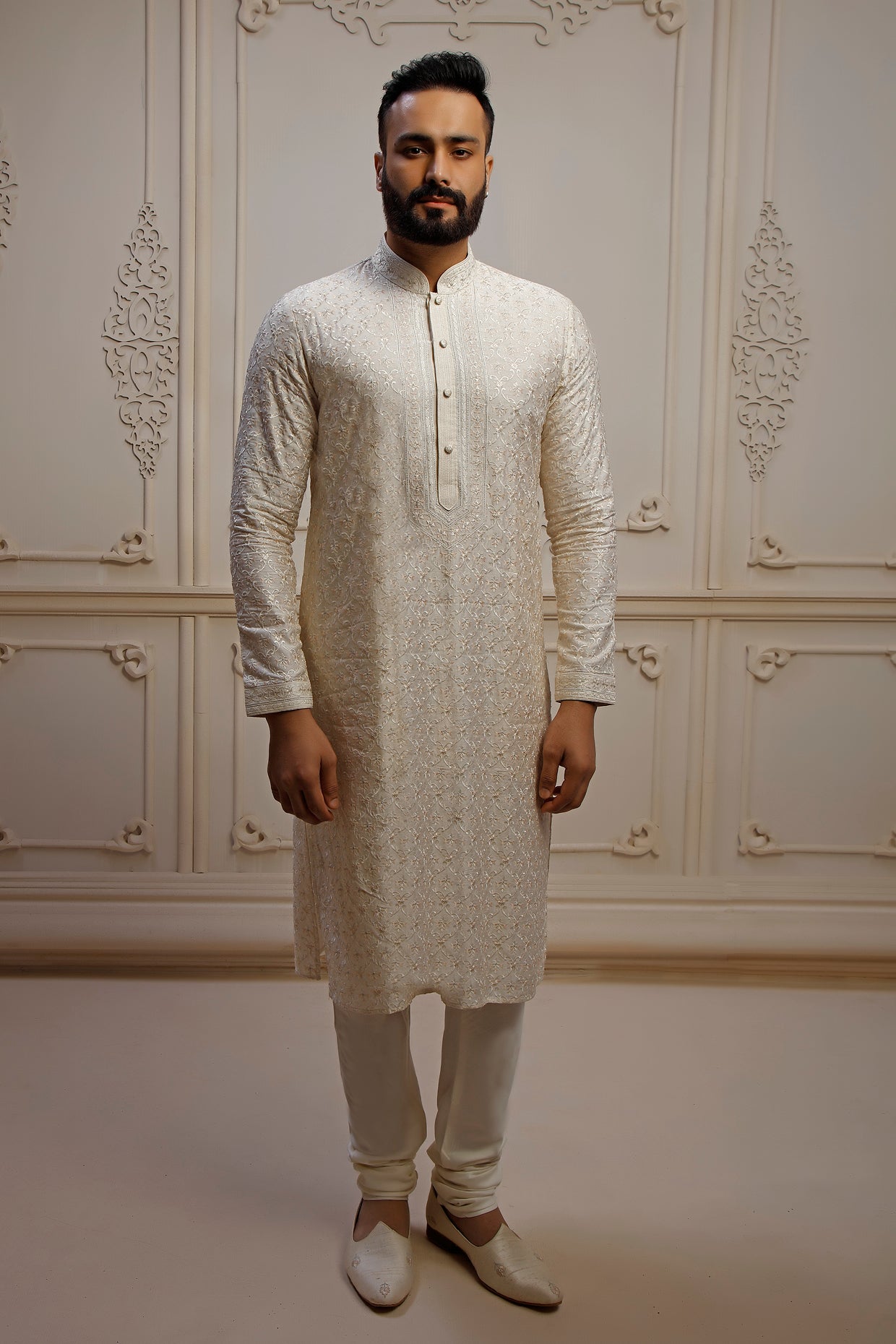 Pearl Dupion Silk Jaal Embroidered Kurta Set