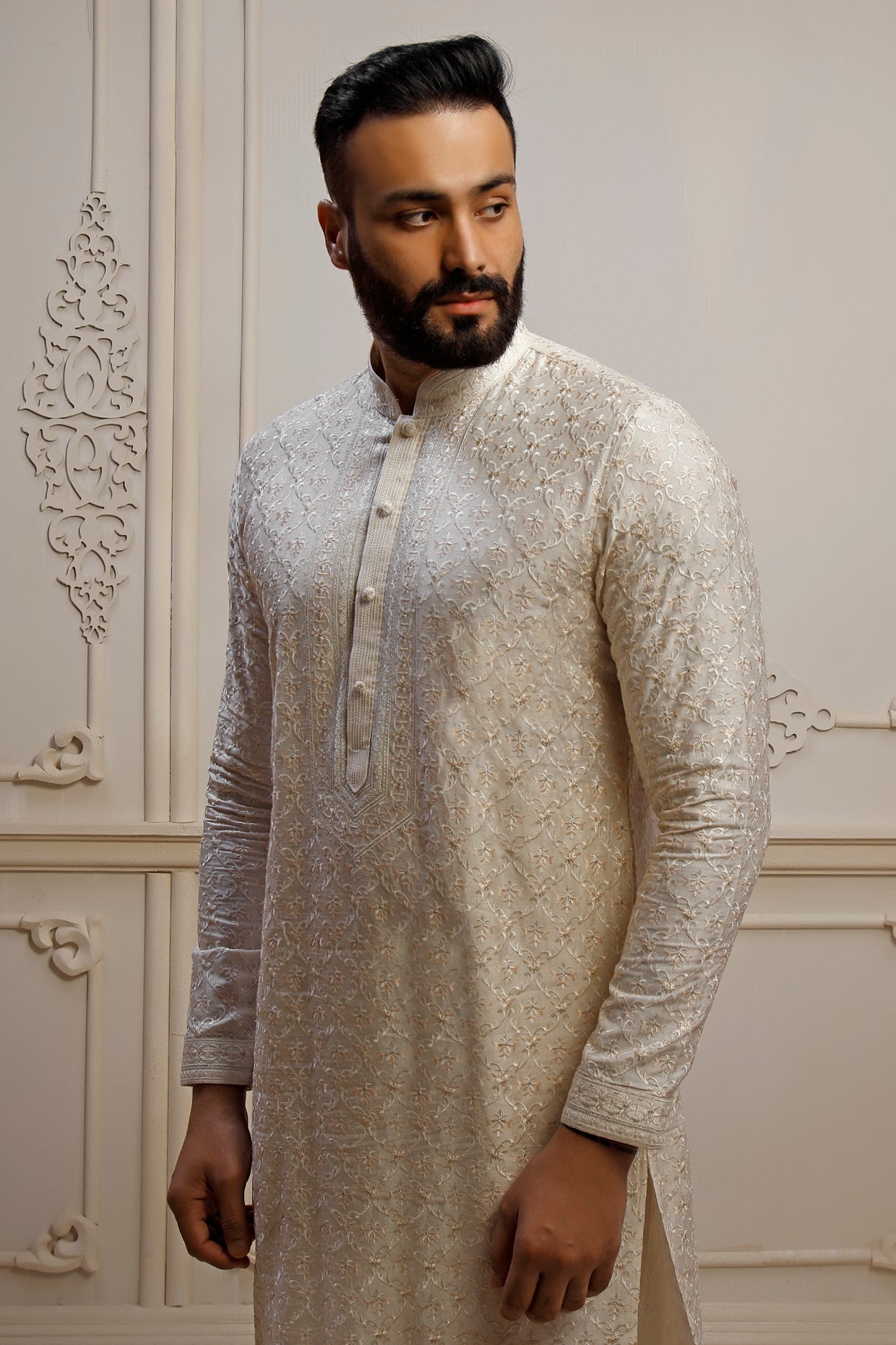 Pearl Dupion Silk Jaal Embroidered Kurta Set