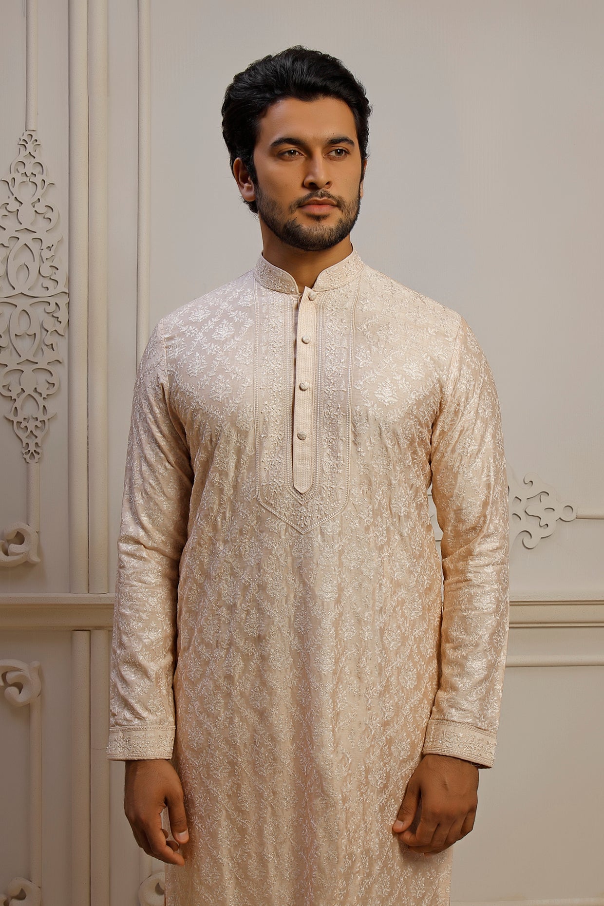 Blush Dupion Silk Jaal Embroidered Kurta Set
