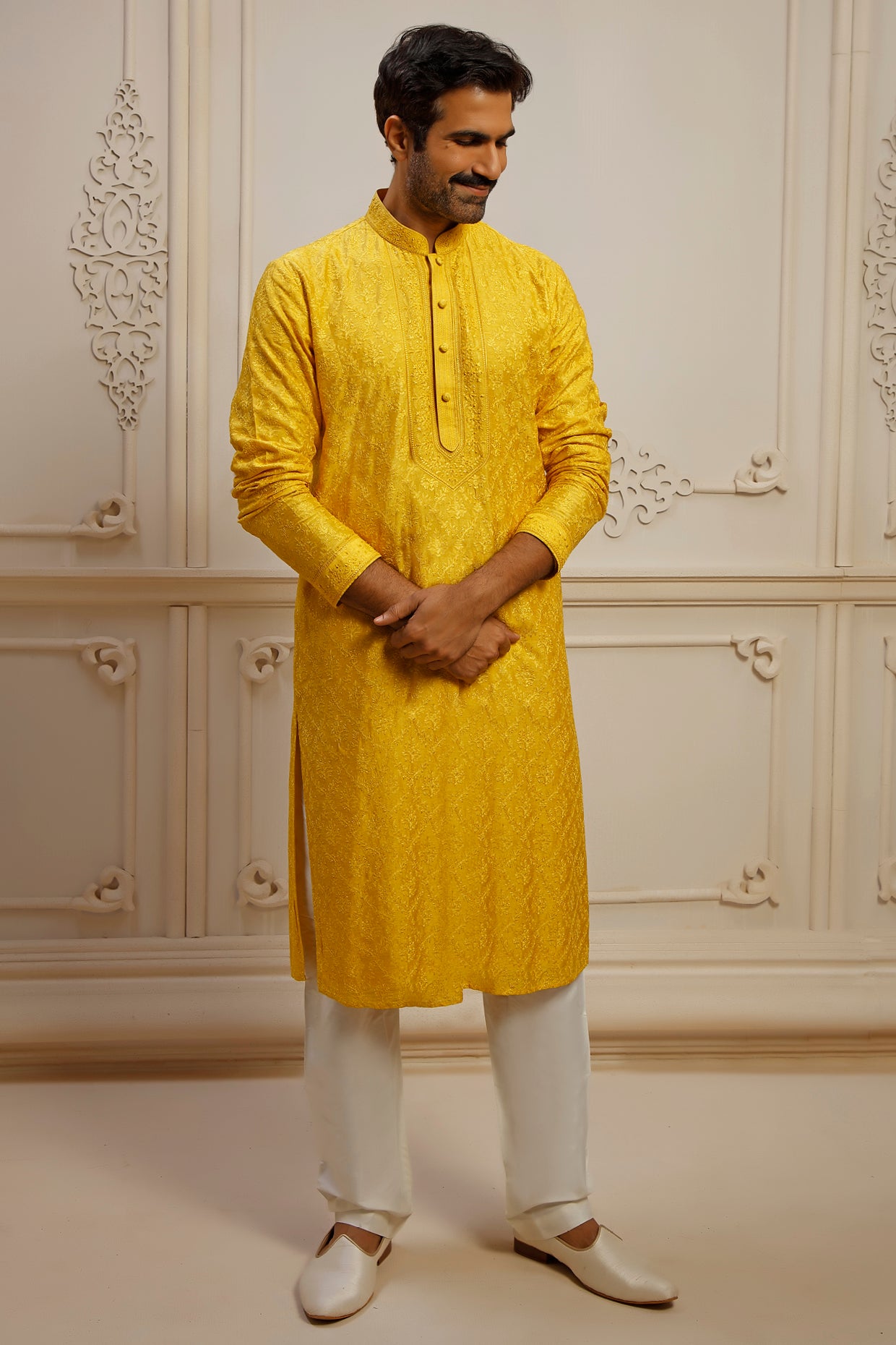 Yellow Dupion Silk Jaal Embroidered Kurta Set