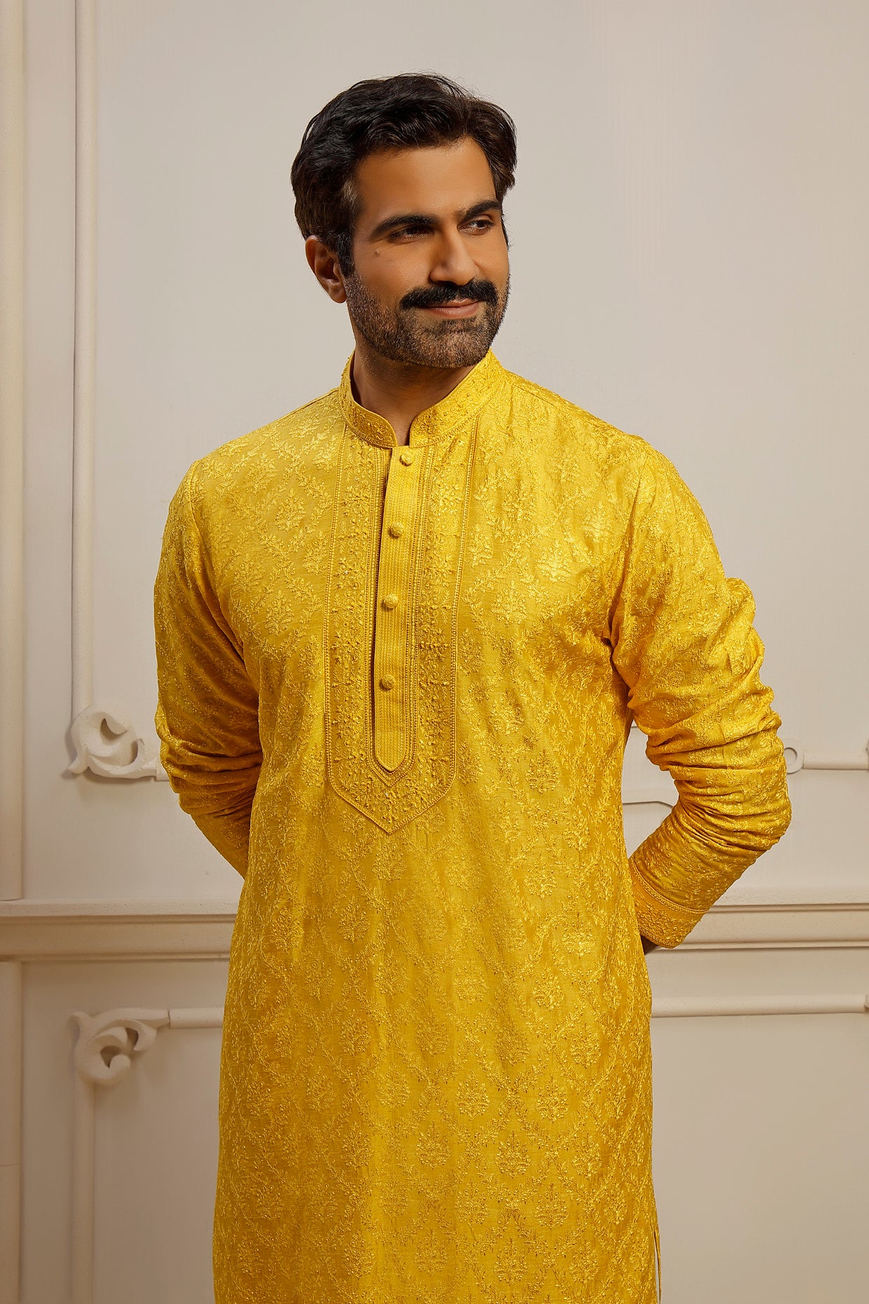 Yellow Dupion Silk Jaal Embroidered Kurta Set