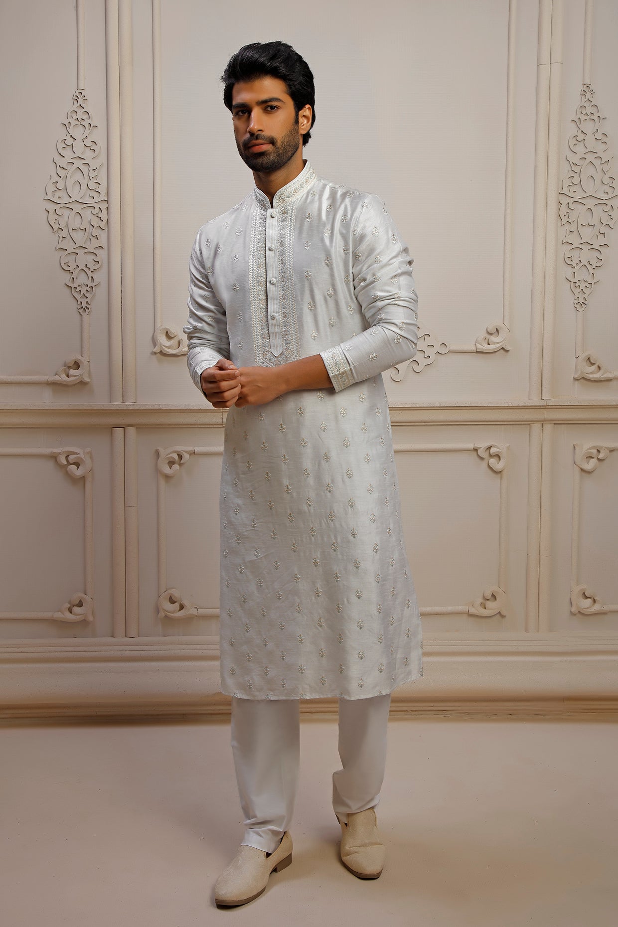 Mint Dupion Silk Boota Embroidered Kurta Set