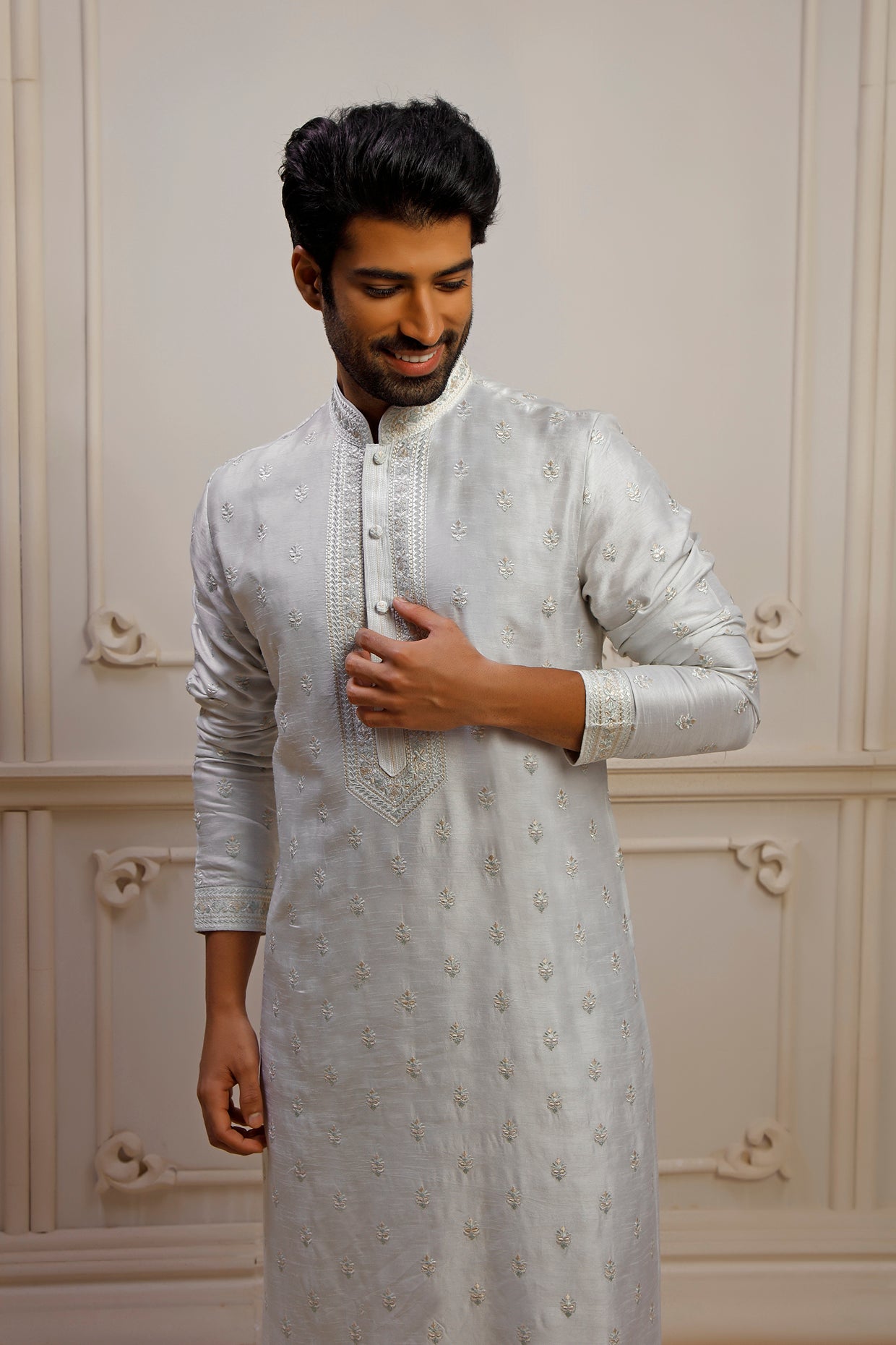 Mint Dupion Silk Boota Embroidered Kurta Set