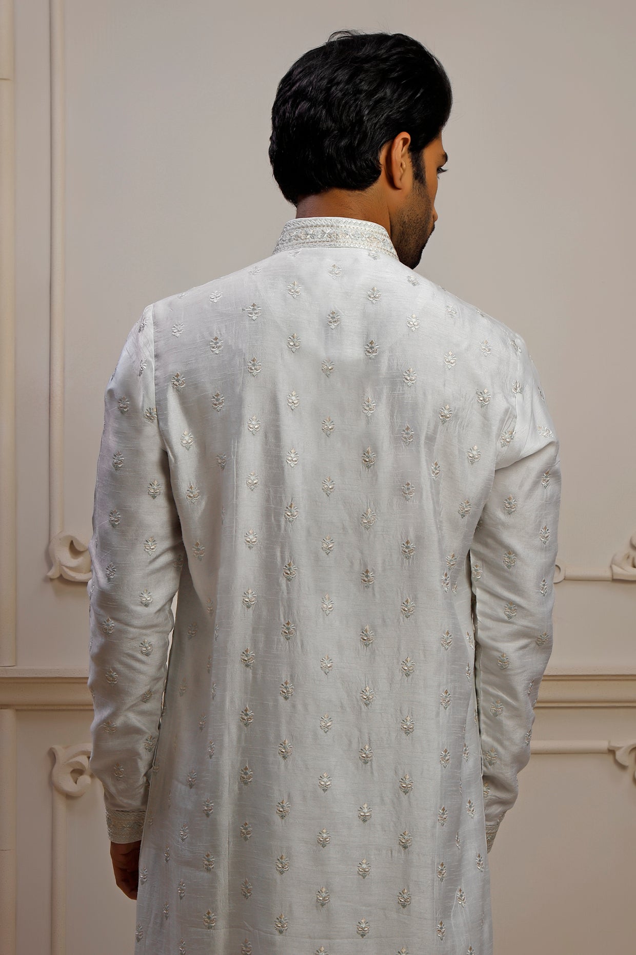 Mint Dupion Silk Boota Embroidered Kurta Set