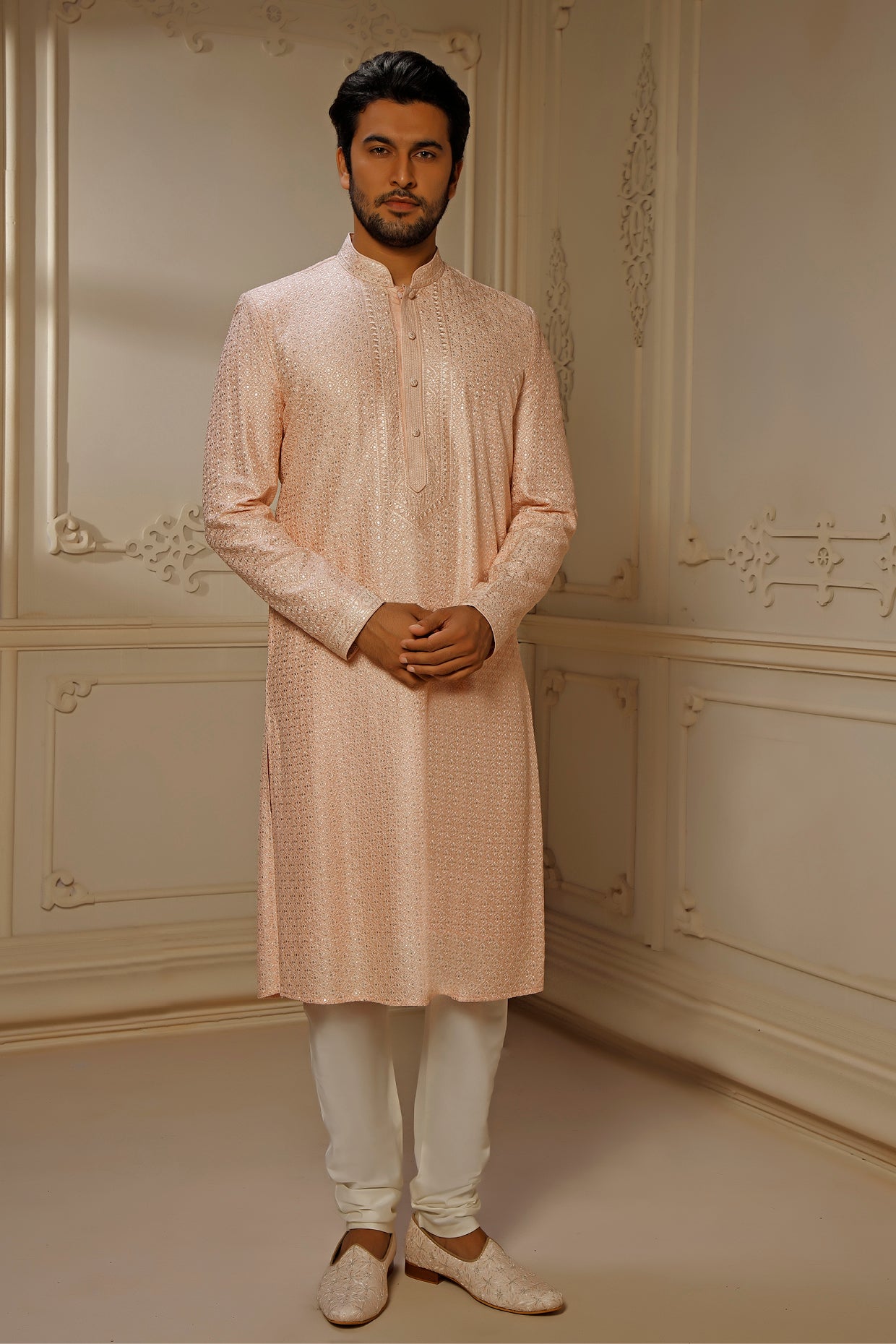 Blush Dupion Silk Sequins Embroidered Kurta Set