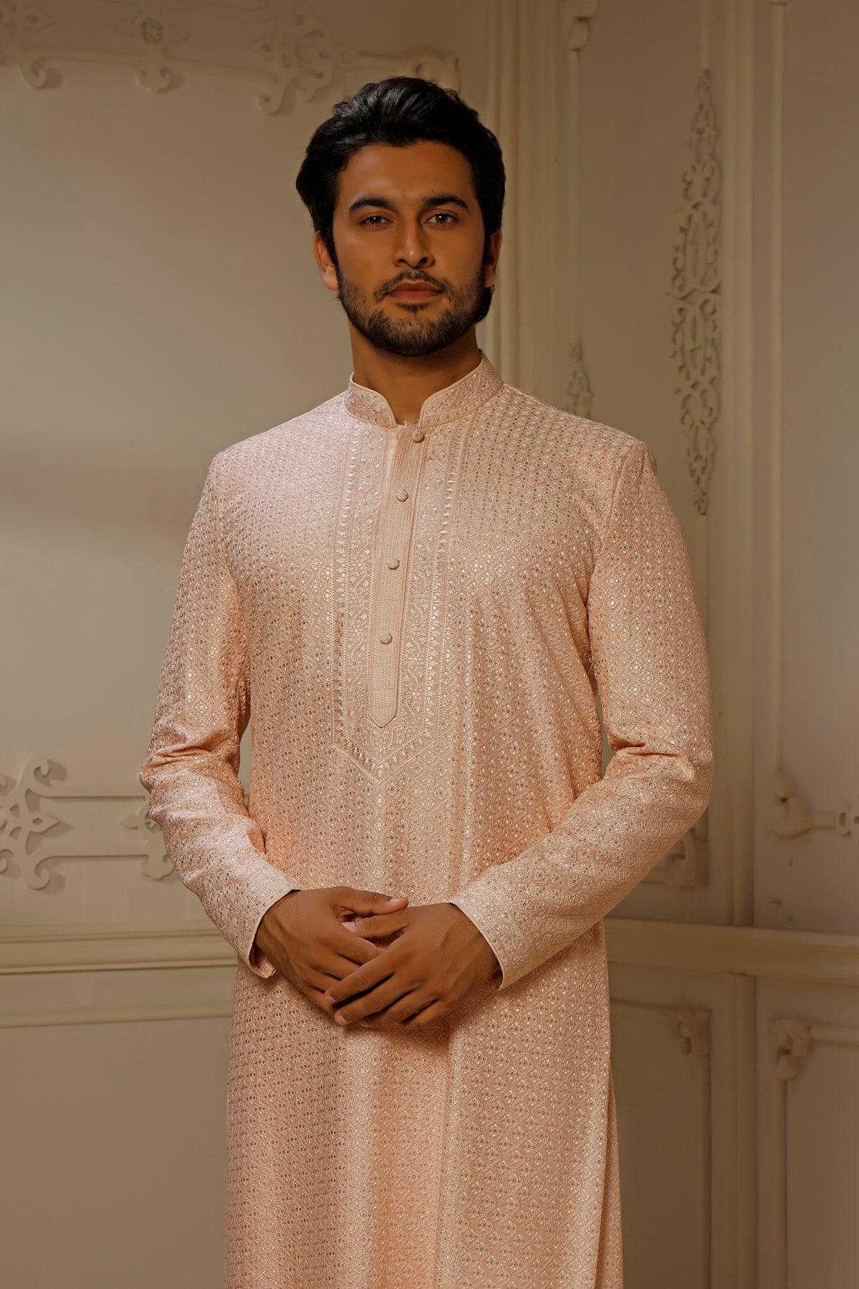 Blush Dupion Silk Sequins Embroidered Kurta Set