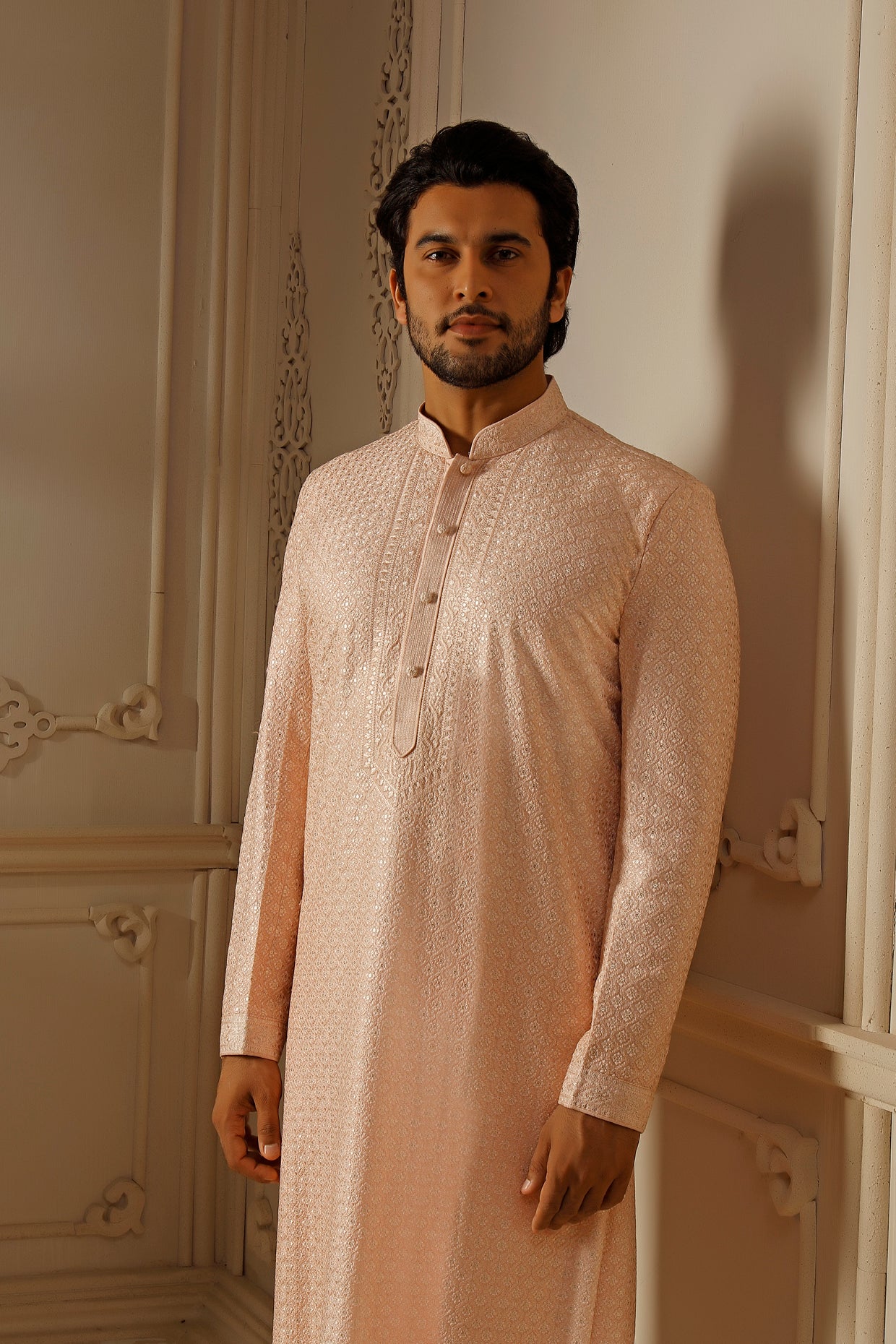 Blush Dupion Silk Sequins Embroidered Kurta Set
