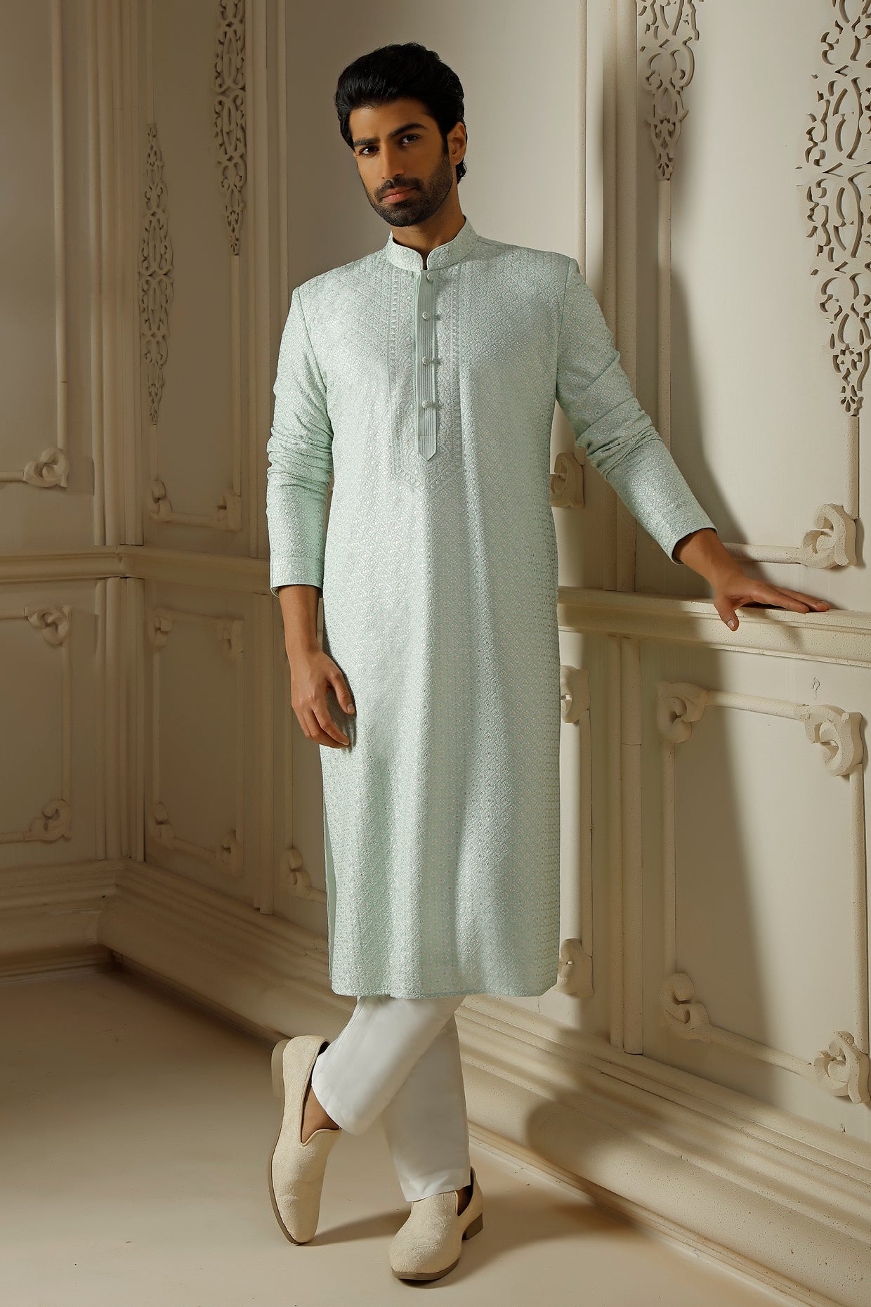 Aqua Dupion Silk Sequins Embroidered Kurta Set