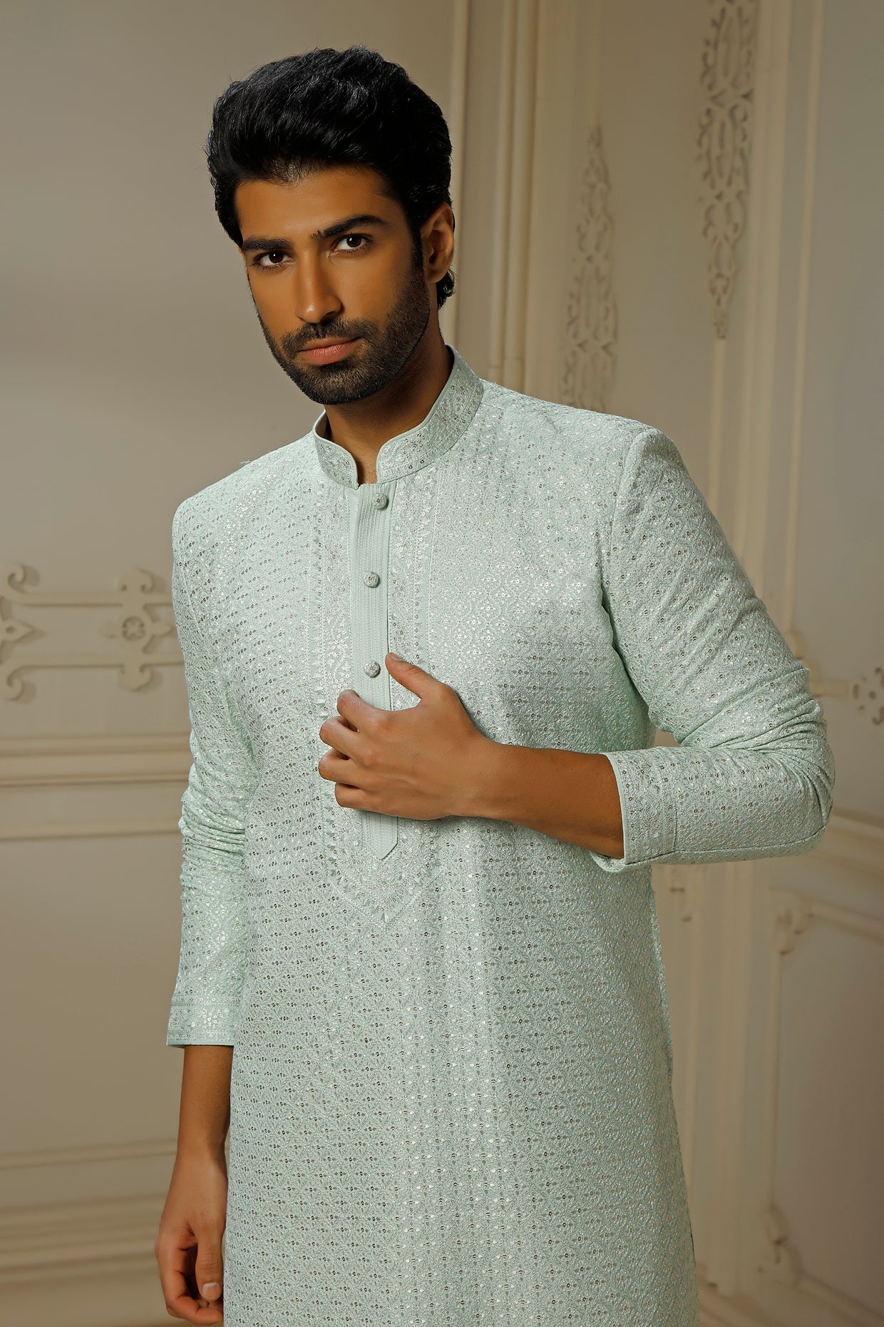 Aqua Dupion Silk Sequins Embroidered Kurta Set