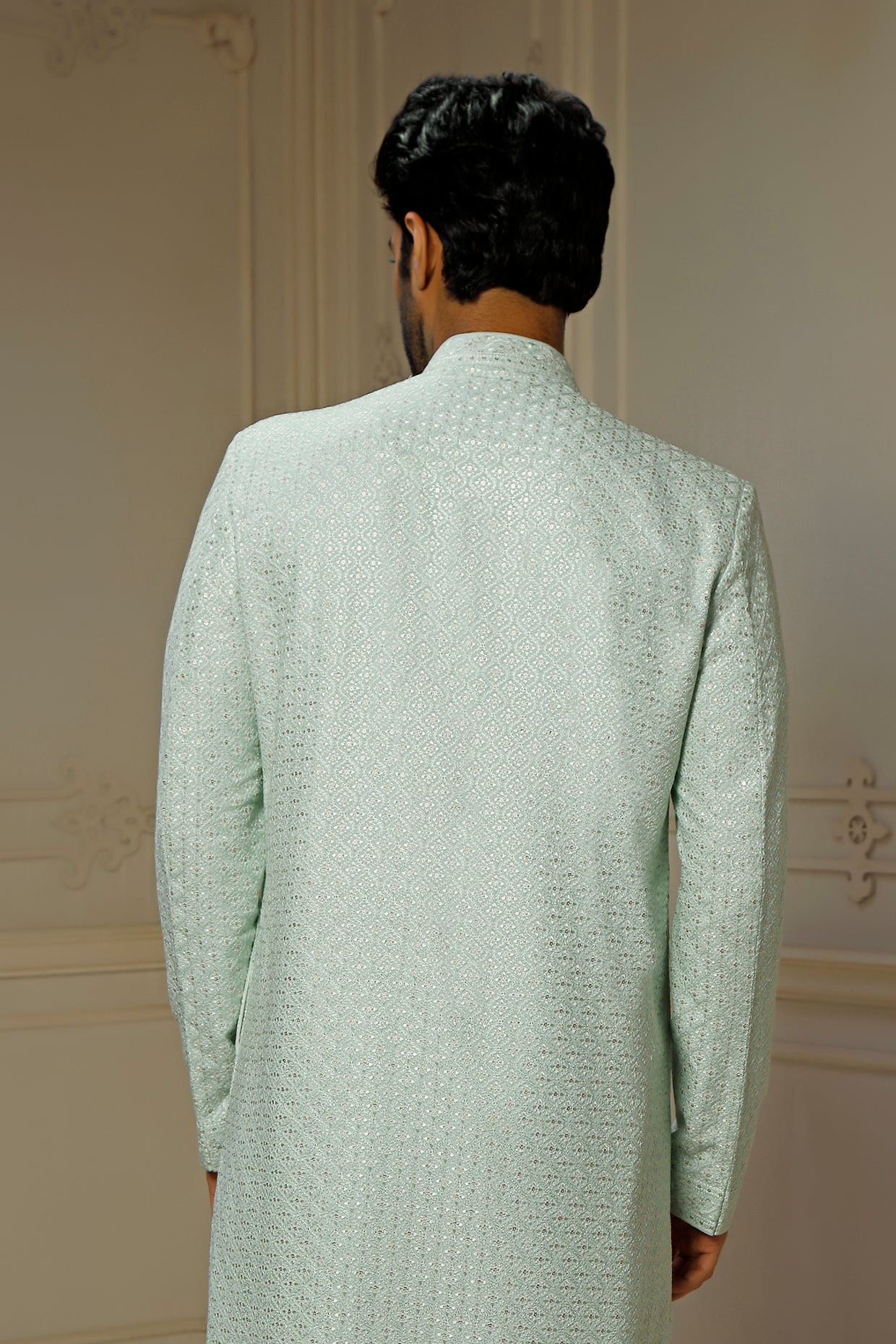 Aqua Dupion Silk Sequins Embroidered Kurta Set