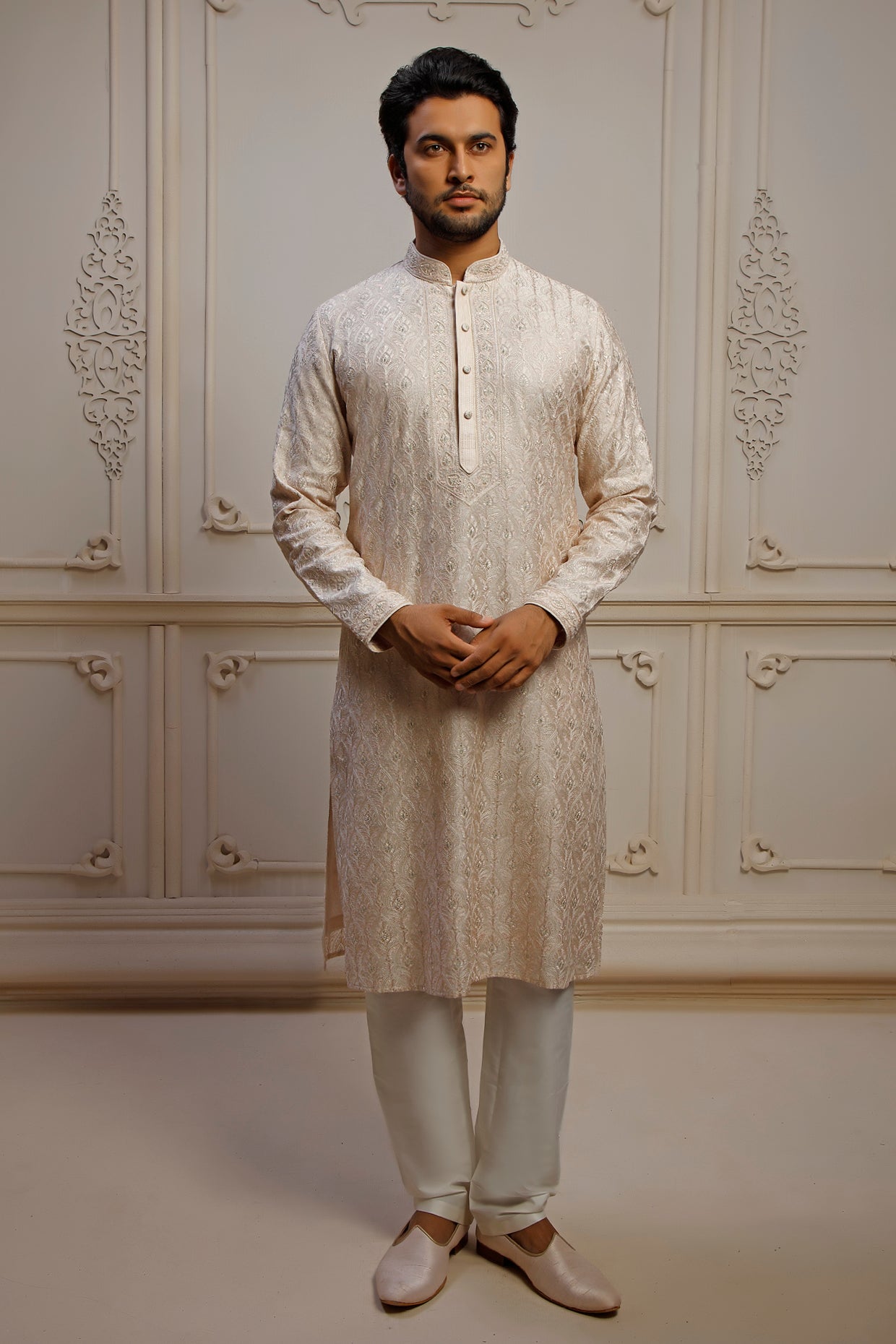 Blush Dupion Silk Pearl Embroidered Kurta Set