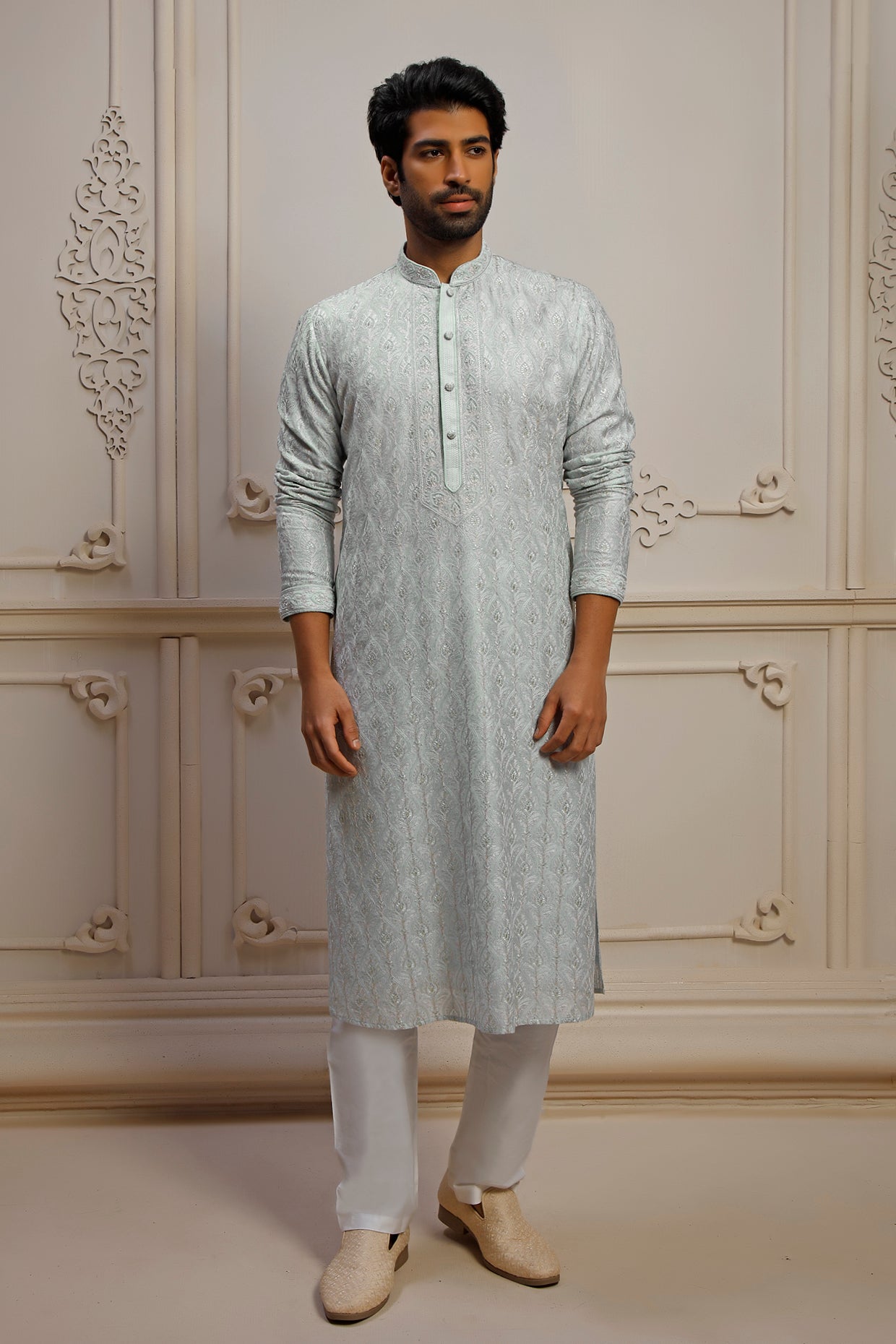Aqua Dupion Silk Pearl Embroidered Kurta Set