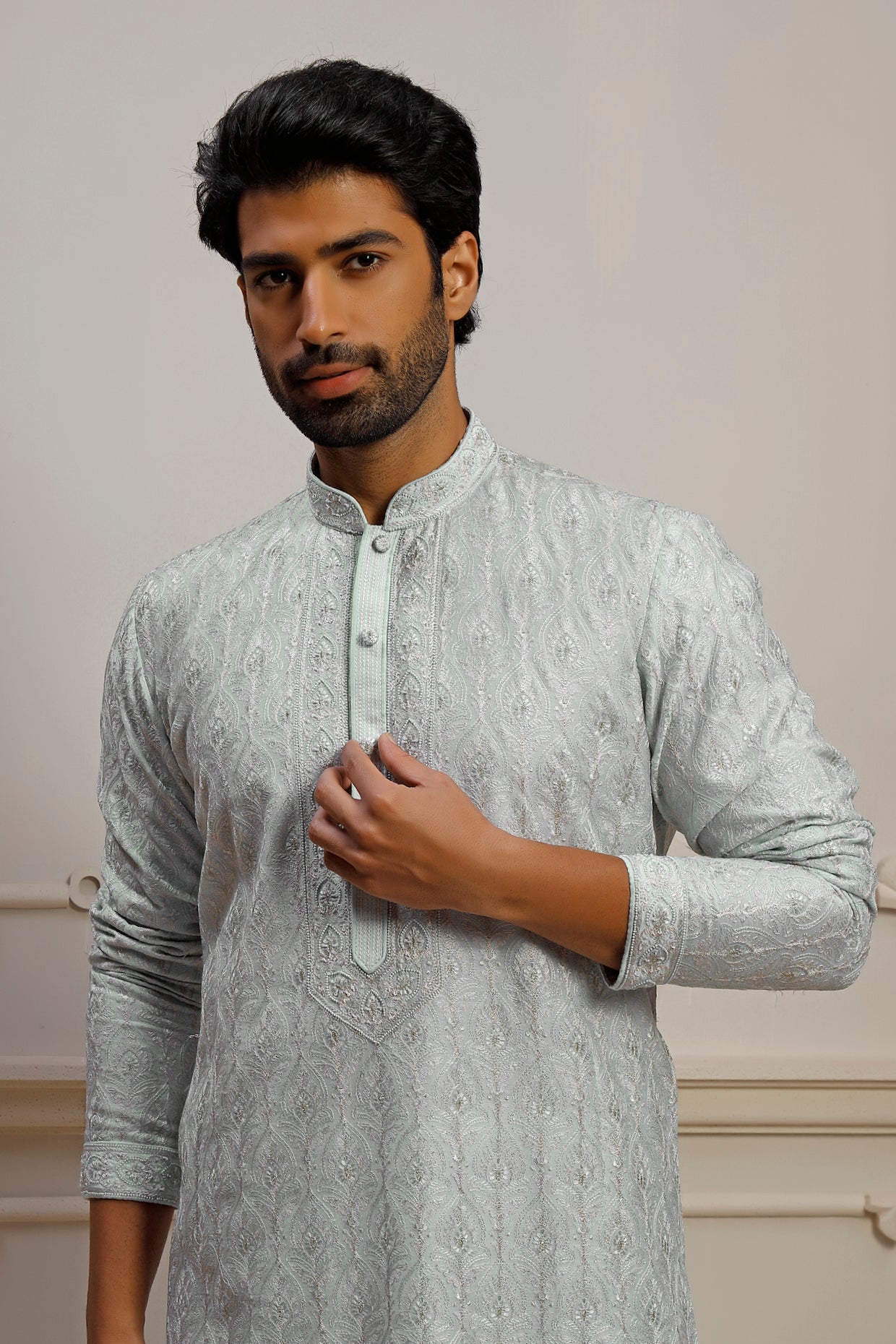 Aqua Dupion Silk Pearl Embroidered Kurta Set