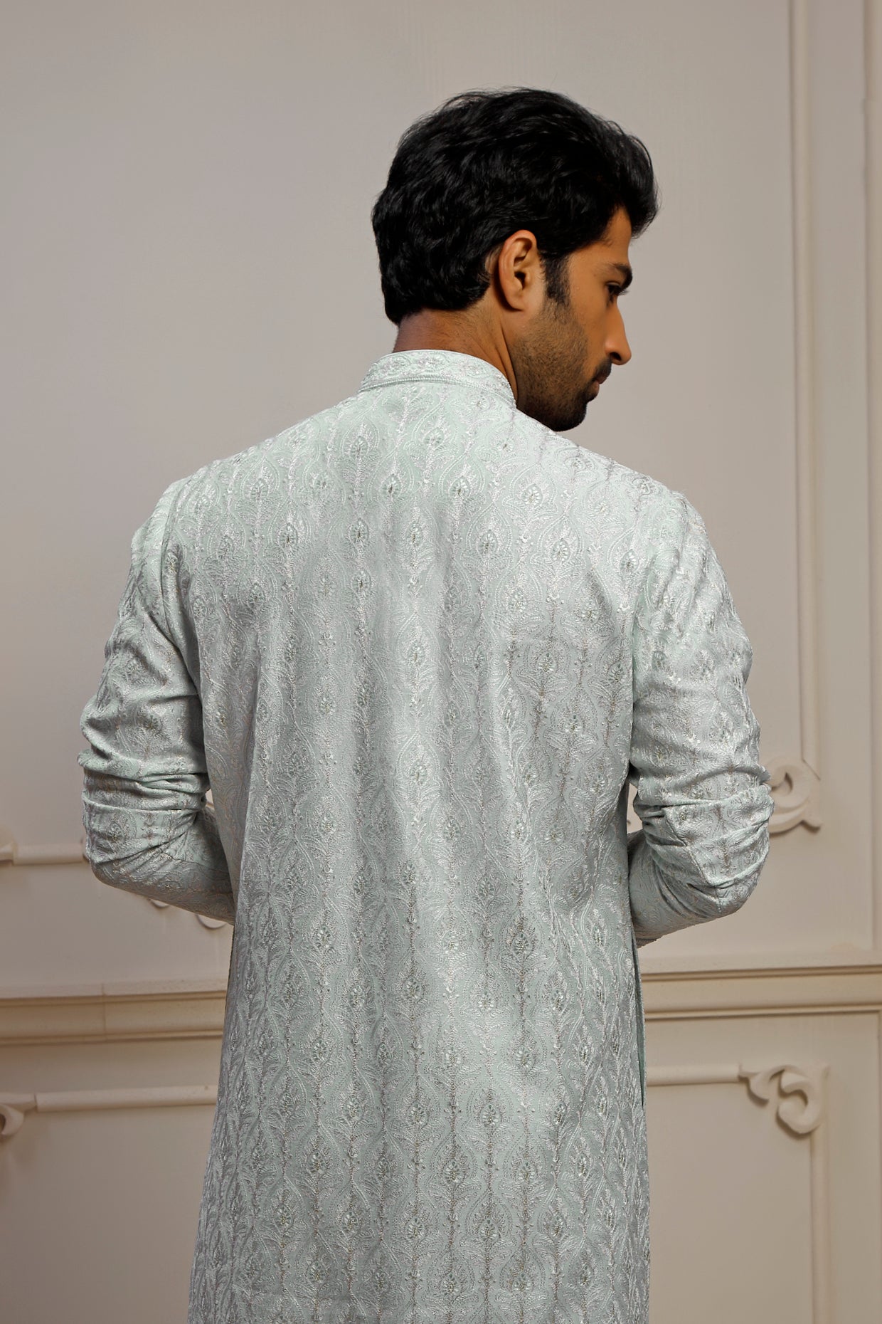 Aqua Dupion Silk Pearl Embroidered Kurta Set
