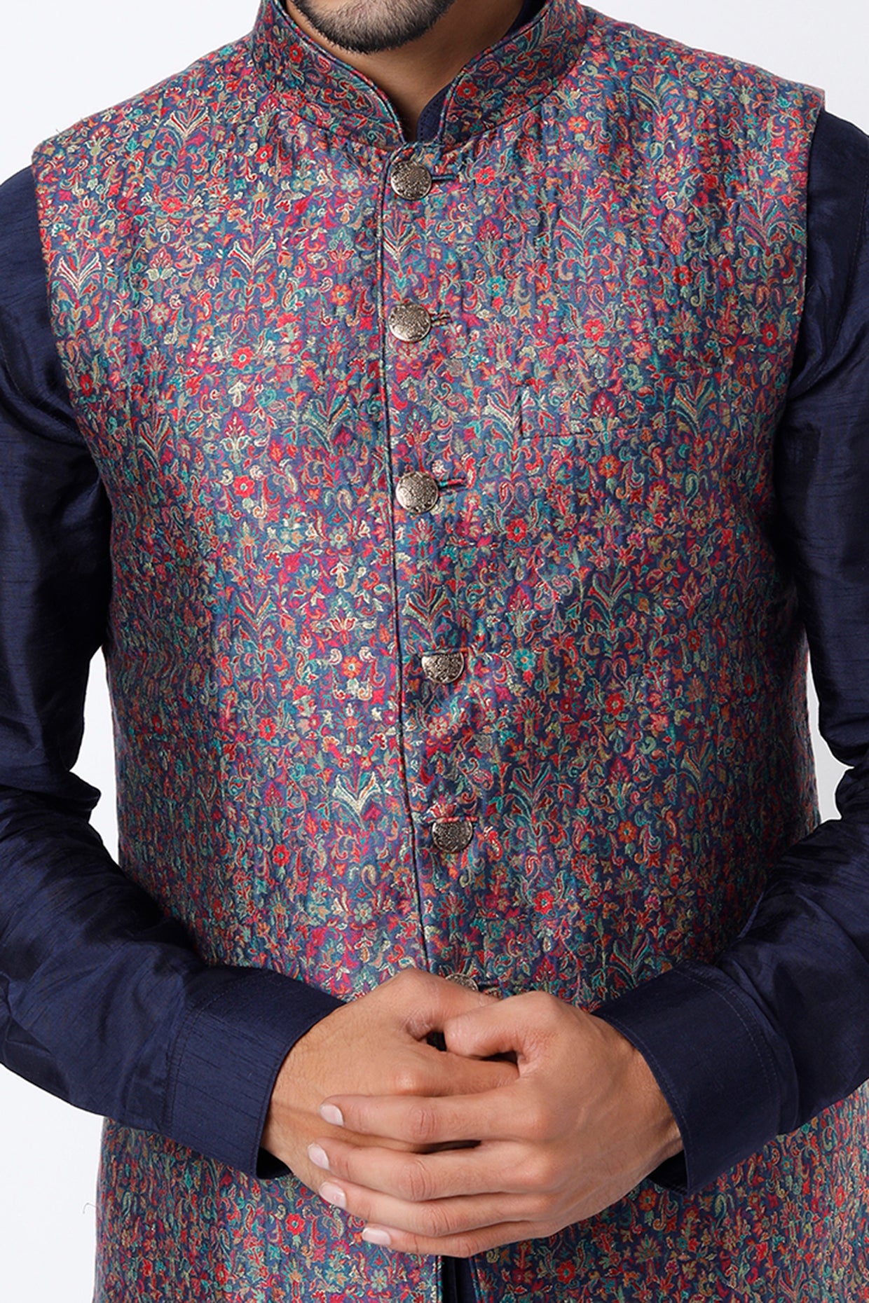Dark Navy Blue Silk Kurta Set With Multi-Colored Bundi Jacket