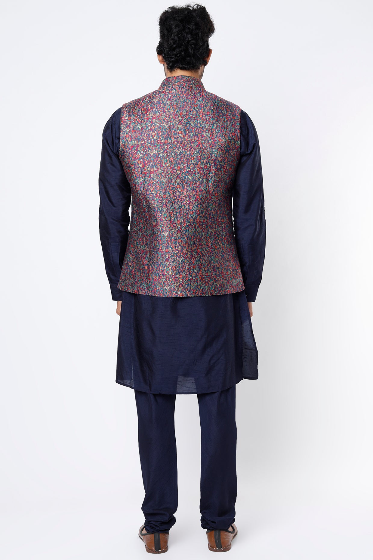 Dark Navy Blue Silk Kurta Set With Multi-Colored Bundi Jacket