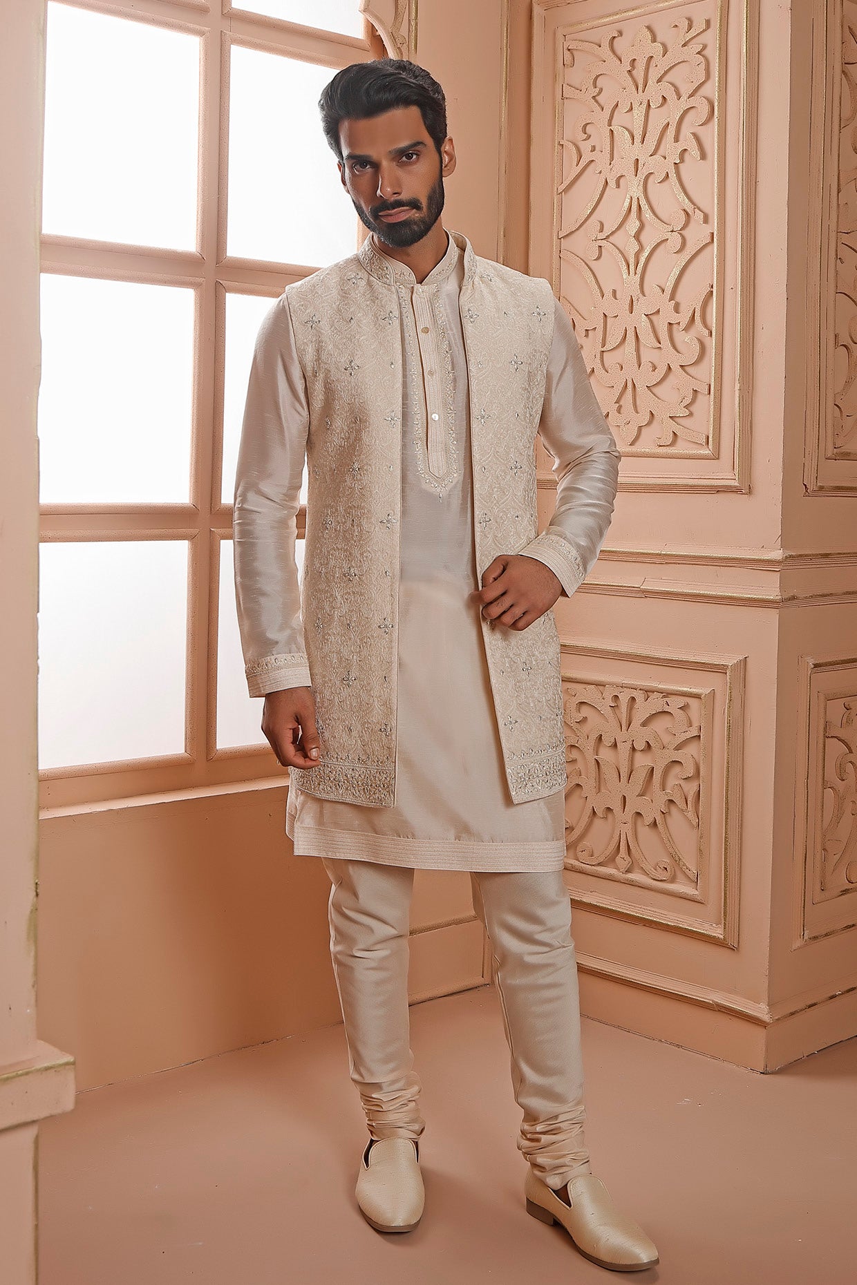 Cream Digital Embroidered Coaty Set