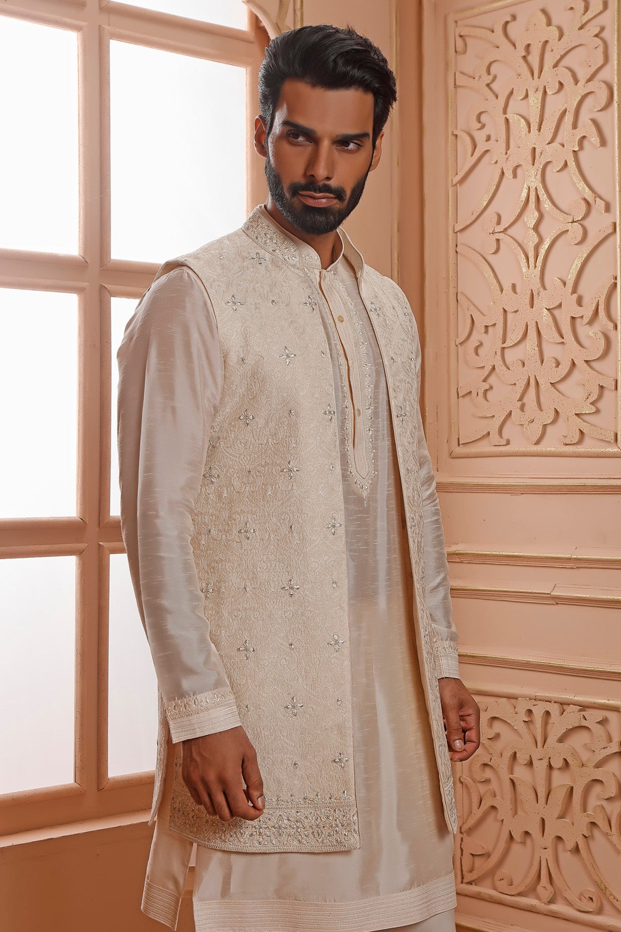 Cream Digital Embroidered Coaty Set