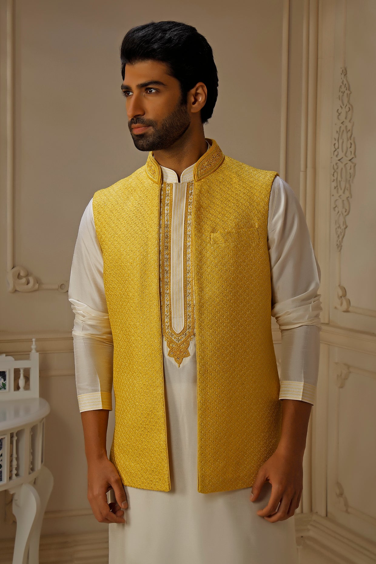 Yellow Spun Silk Resham Embroidered Indowestern Set