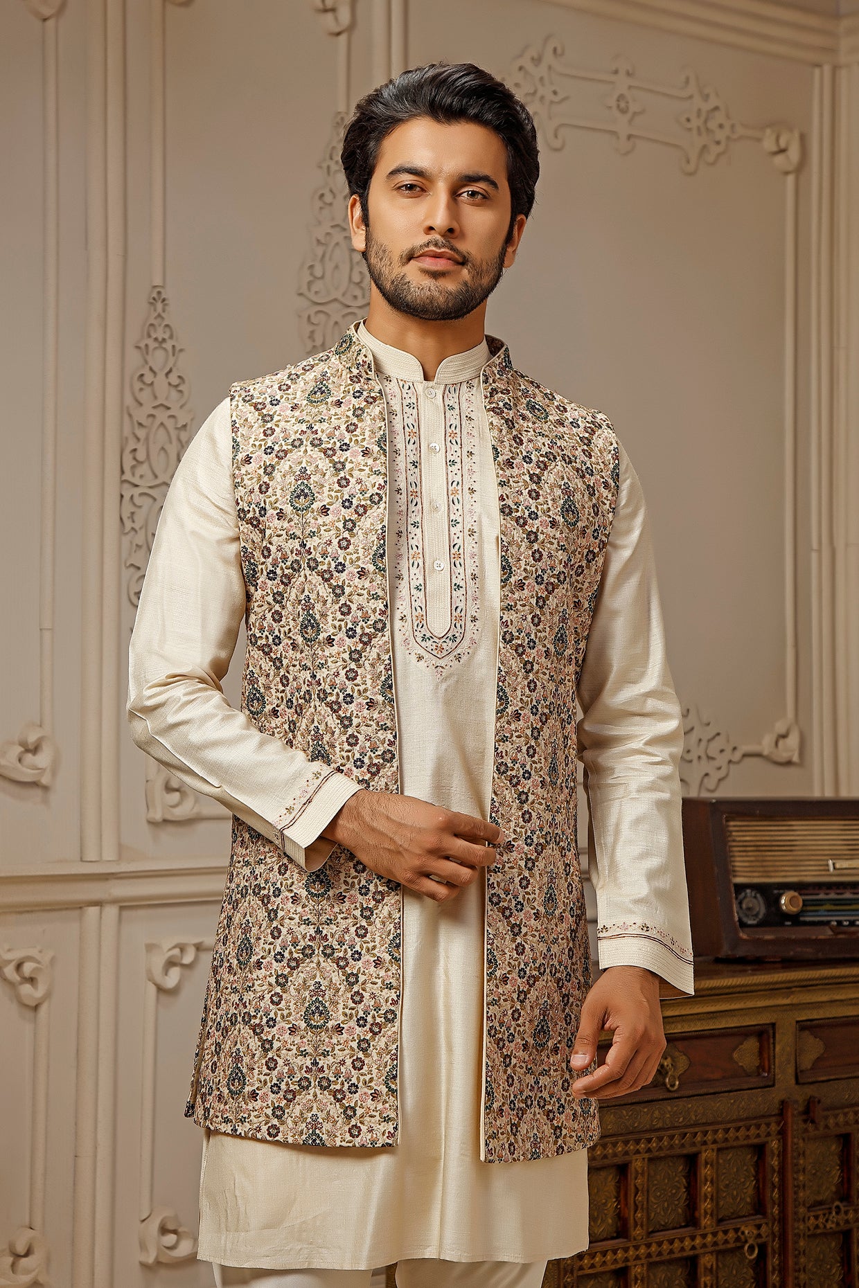 Cream Tussar Silk Floral Embroidered Indowestern Set