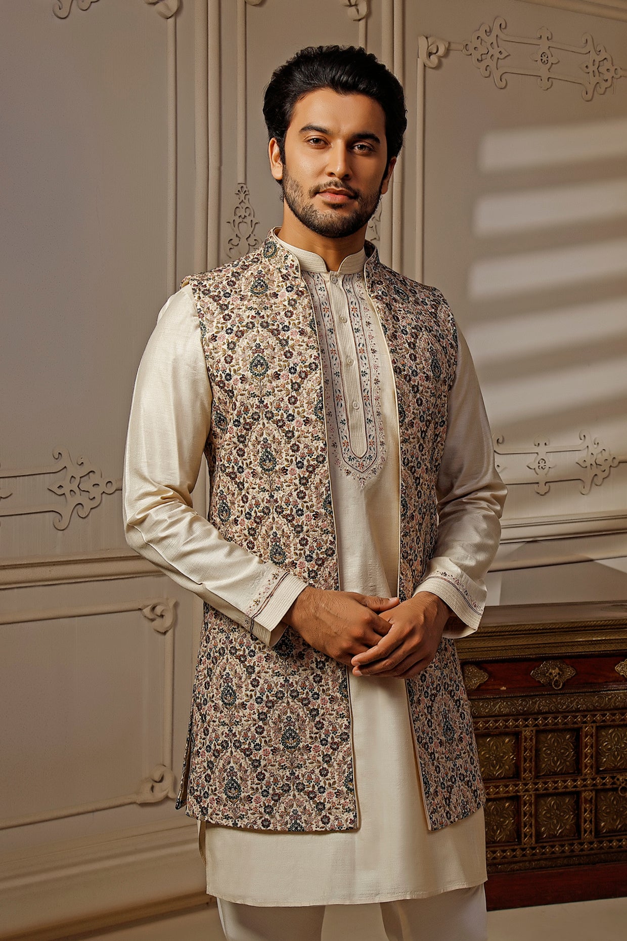 Cream Tussar Silk Floral Embroidered Indowestern Set