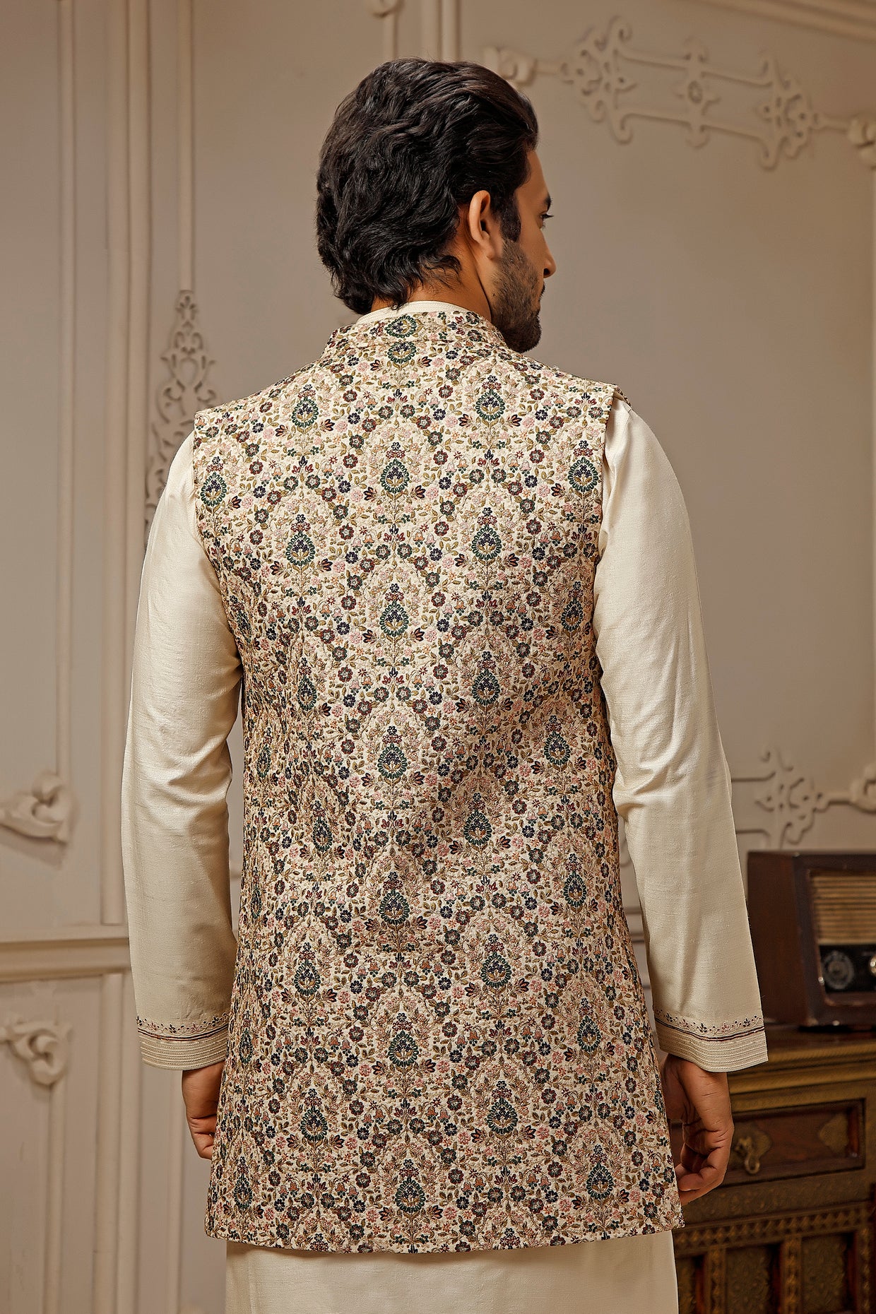 Cream Tussar Silk Floral Embroidered Indowestern Set