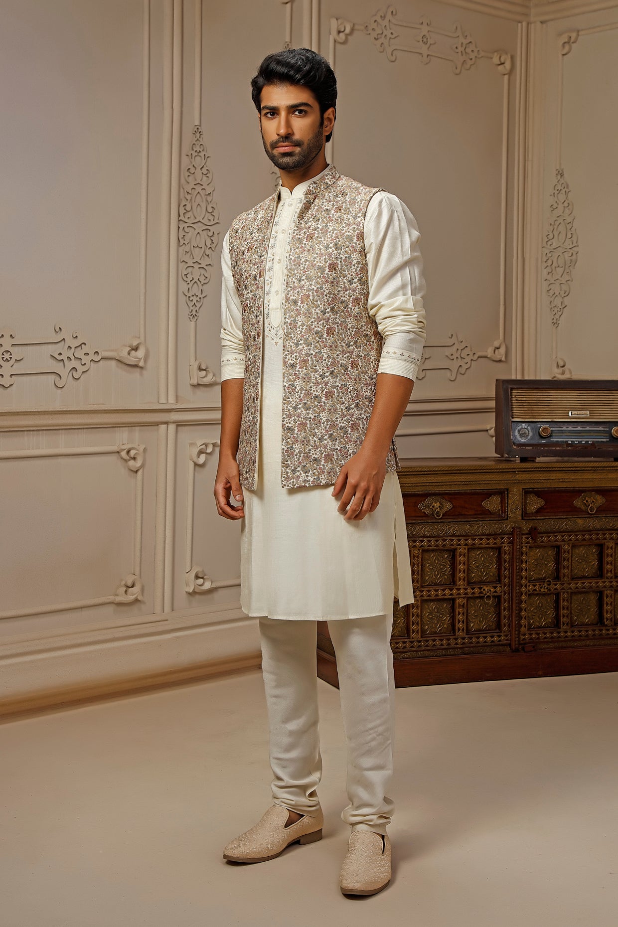 Ivory Tussar Silk Floral Embroidered Indowestern Set