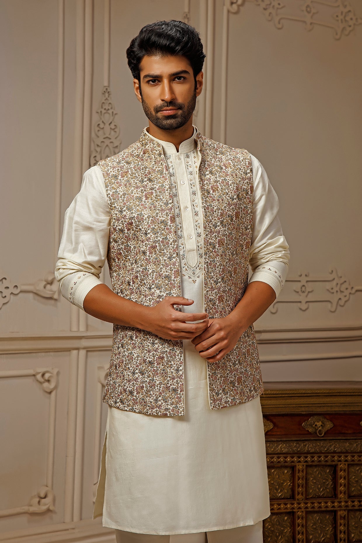 Ivory Tussar Silk Floral Embroidered Indowestern Set