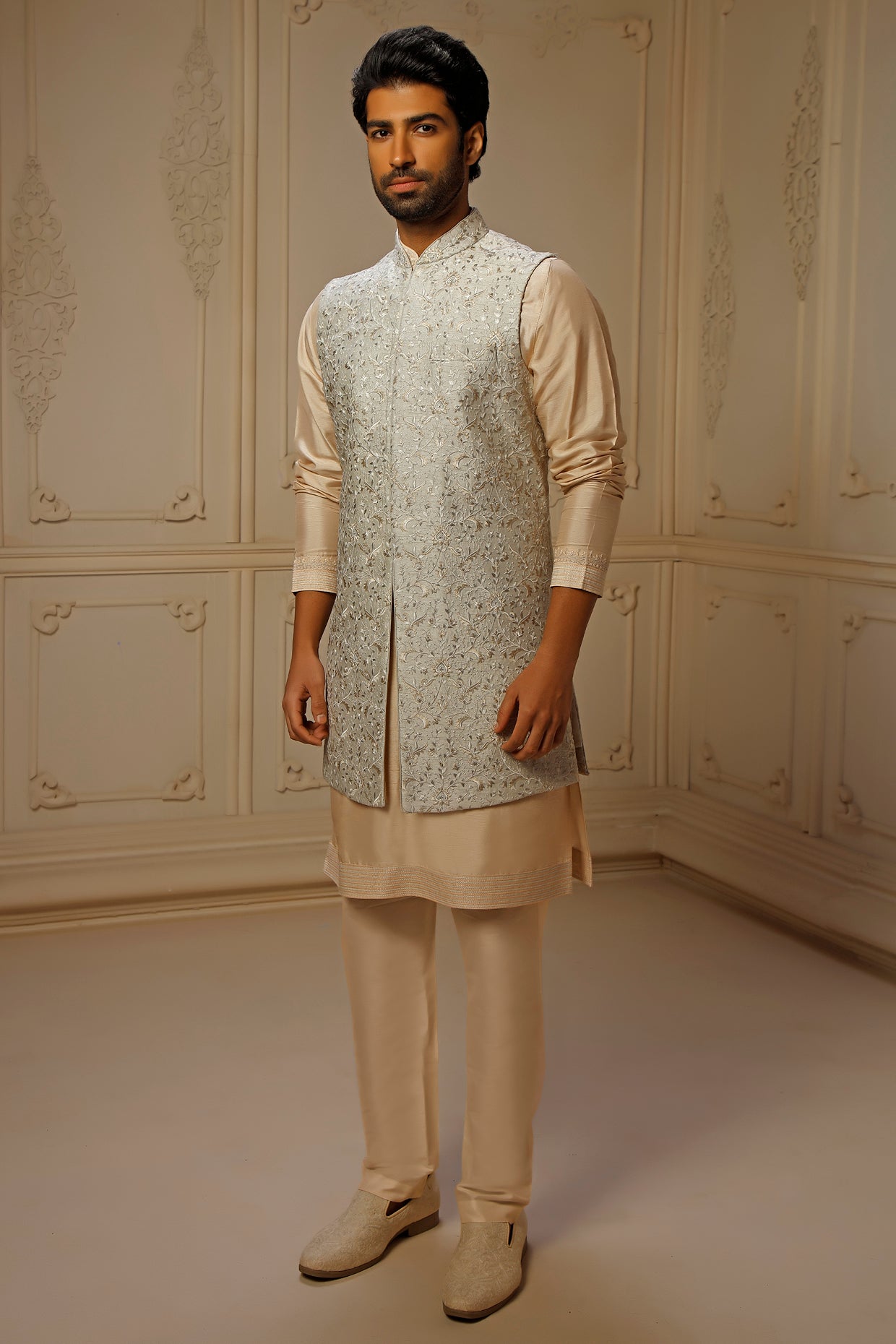 Mint Dupion Silk Digital Embroidered Bundi Set