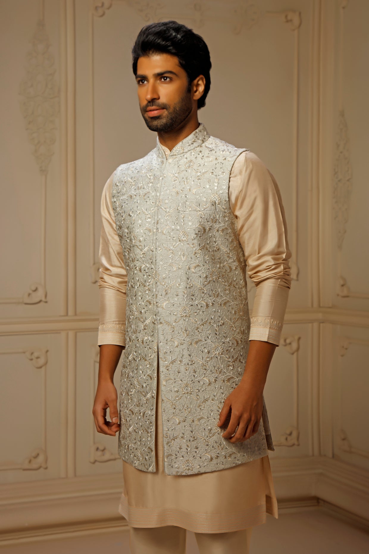Mint Dupion Silk Digital Embroidered Bundi Set