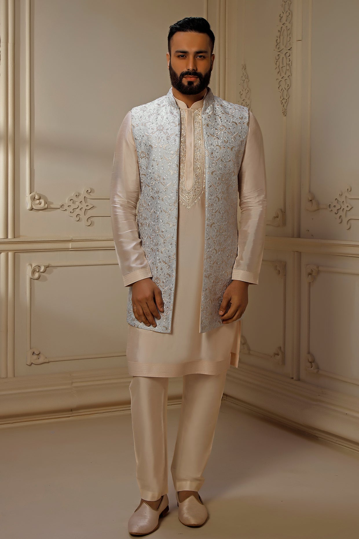 Aqua Dupion Silk Digital Embroidered Indowestern Set