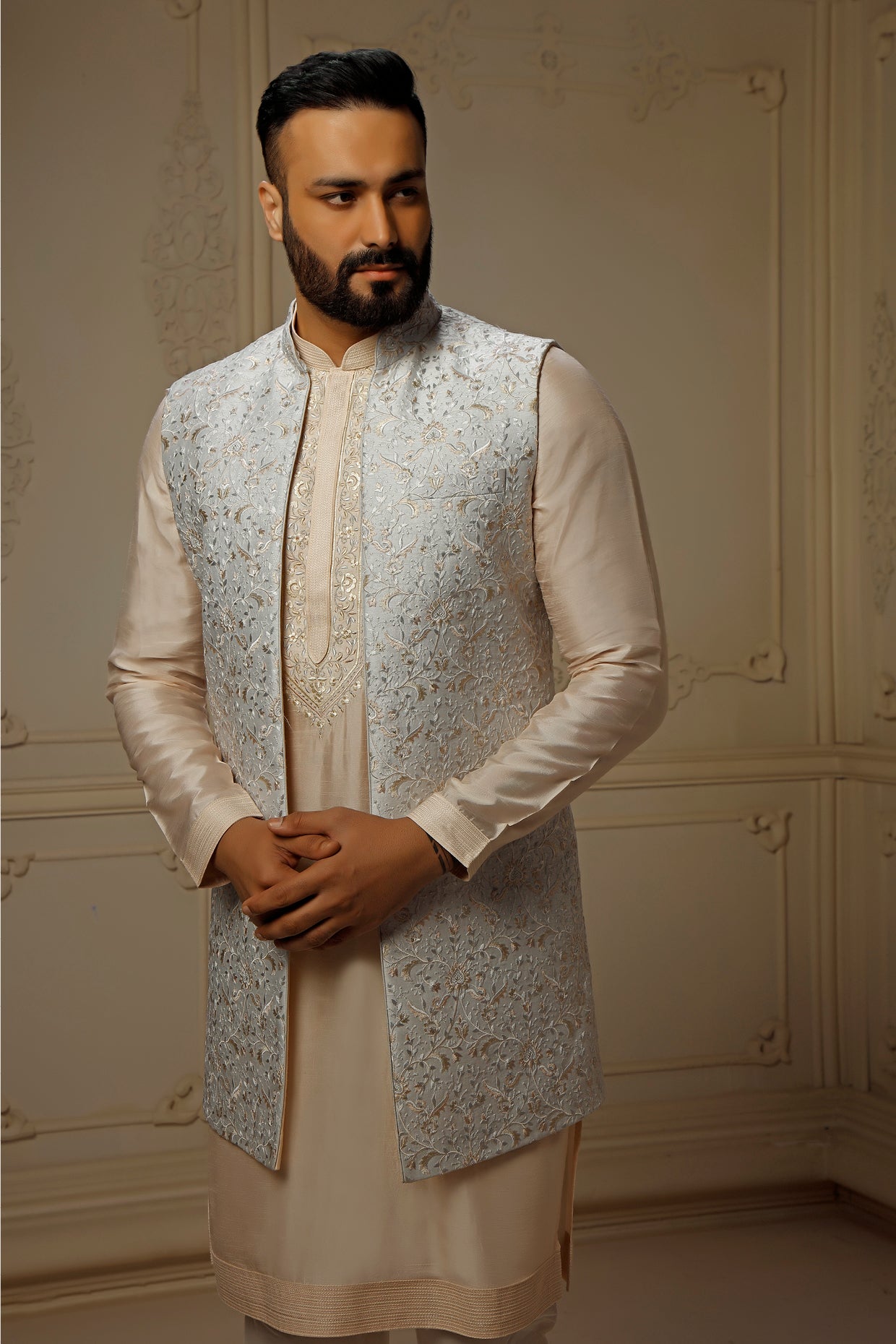 Aqua Dupion Silk Digital Embroidered Indowestern Set