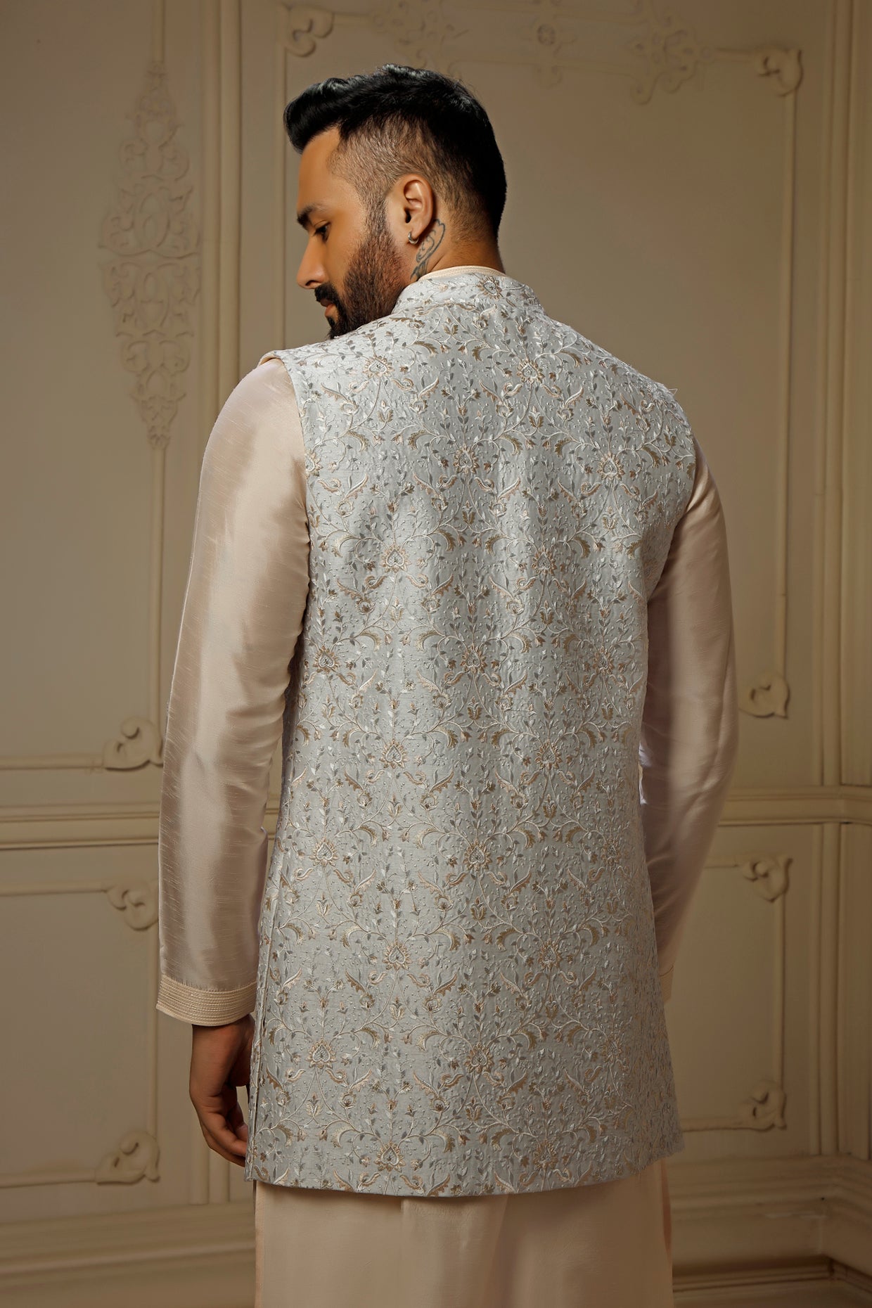 Aqua Dupion Silk Digital Embroidered Indowestern Set