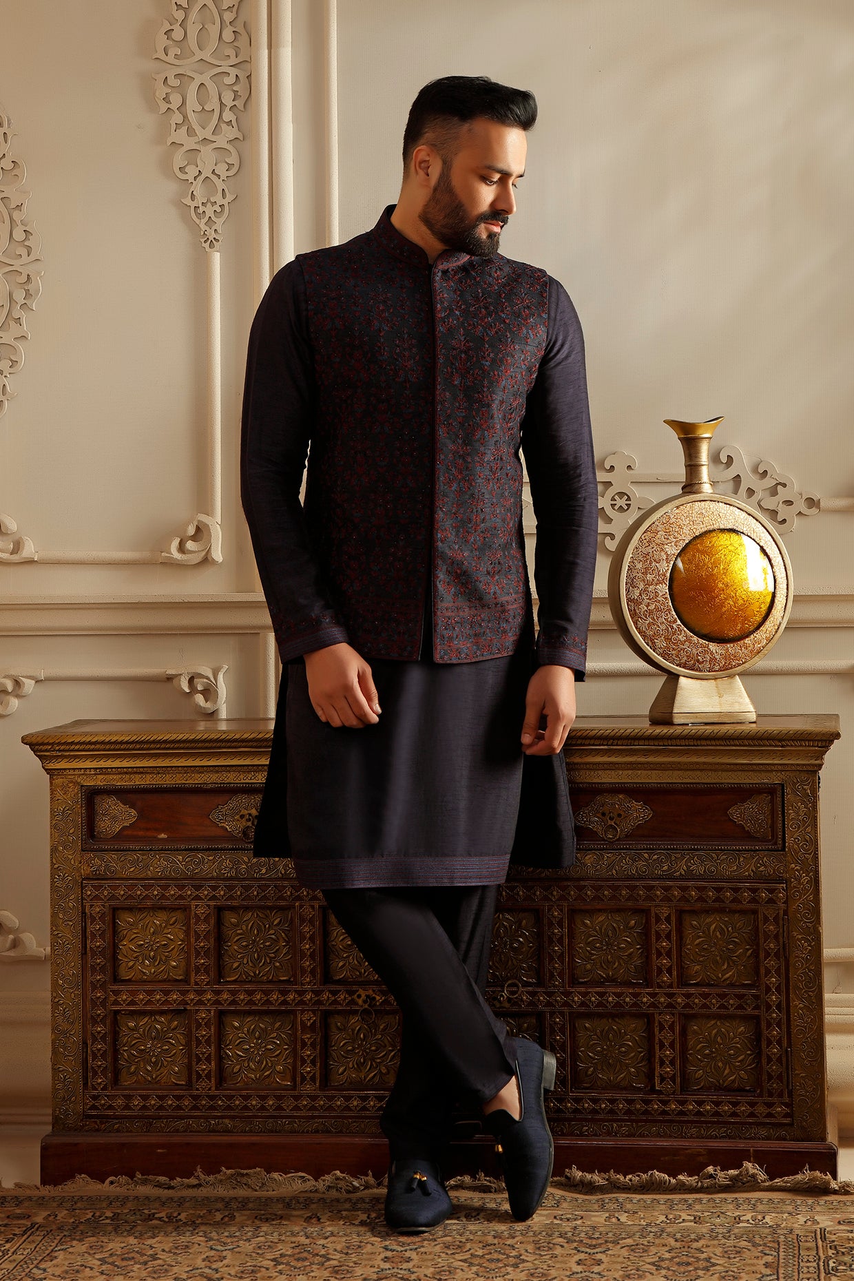 Blue Raw Silk Aari Embroidered Bundi Jacket Set