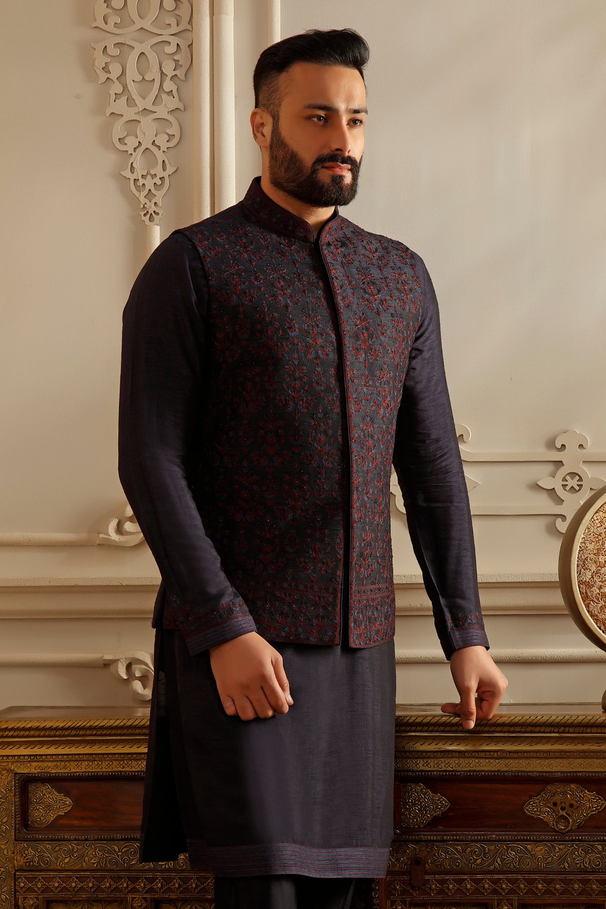 Blue Raw Silk Aari Embroidered Bundi Jacket Set