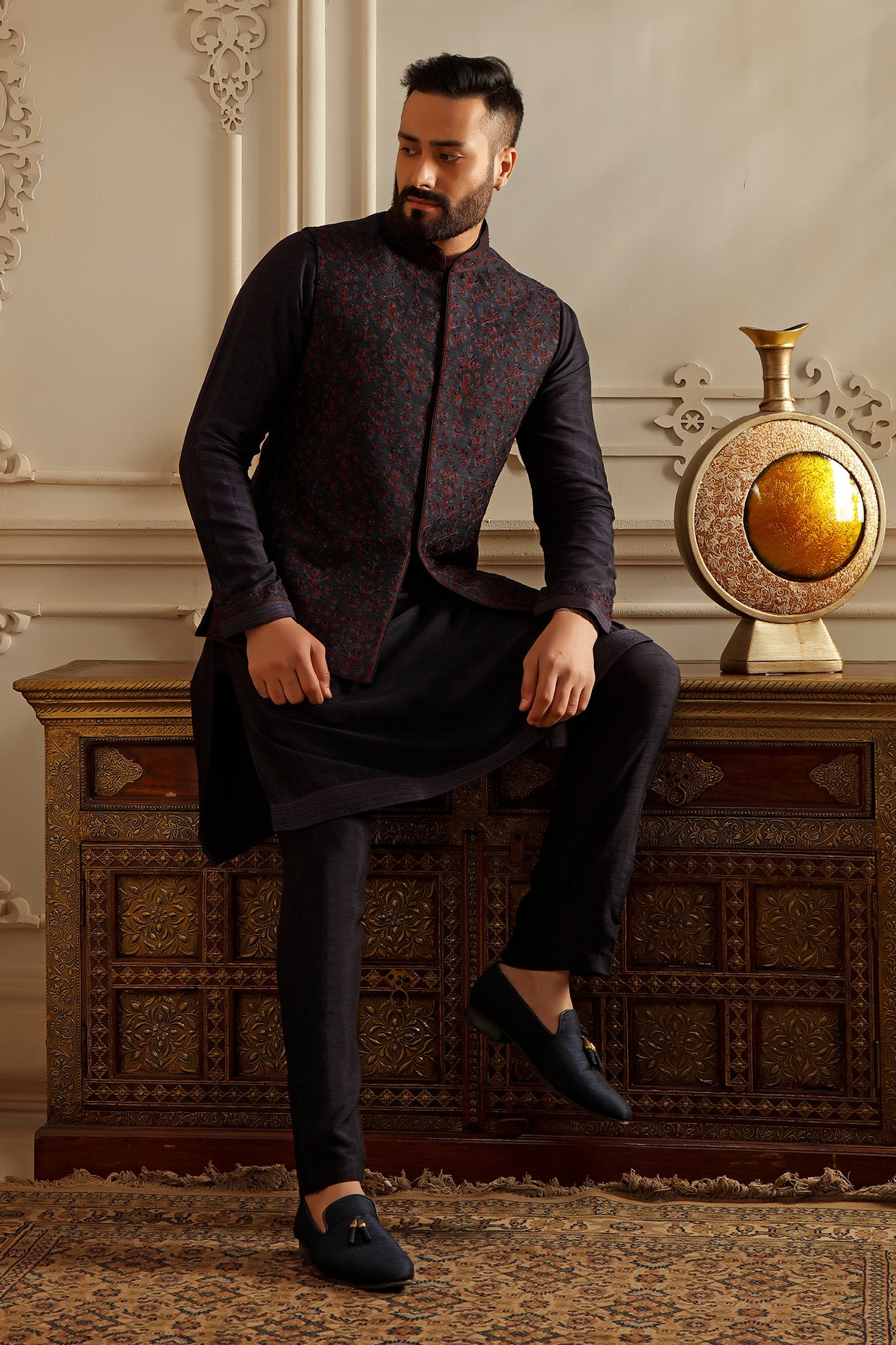 Blue Raw Silk Aari Embroidered Bundi Jacket Set
