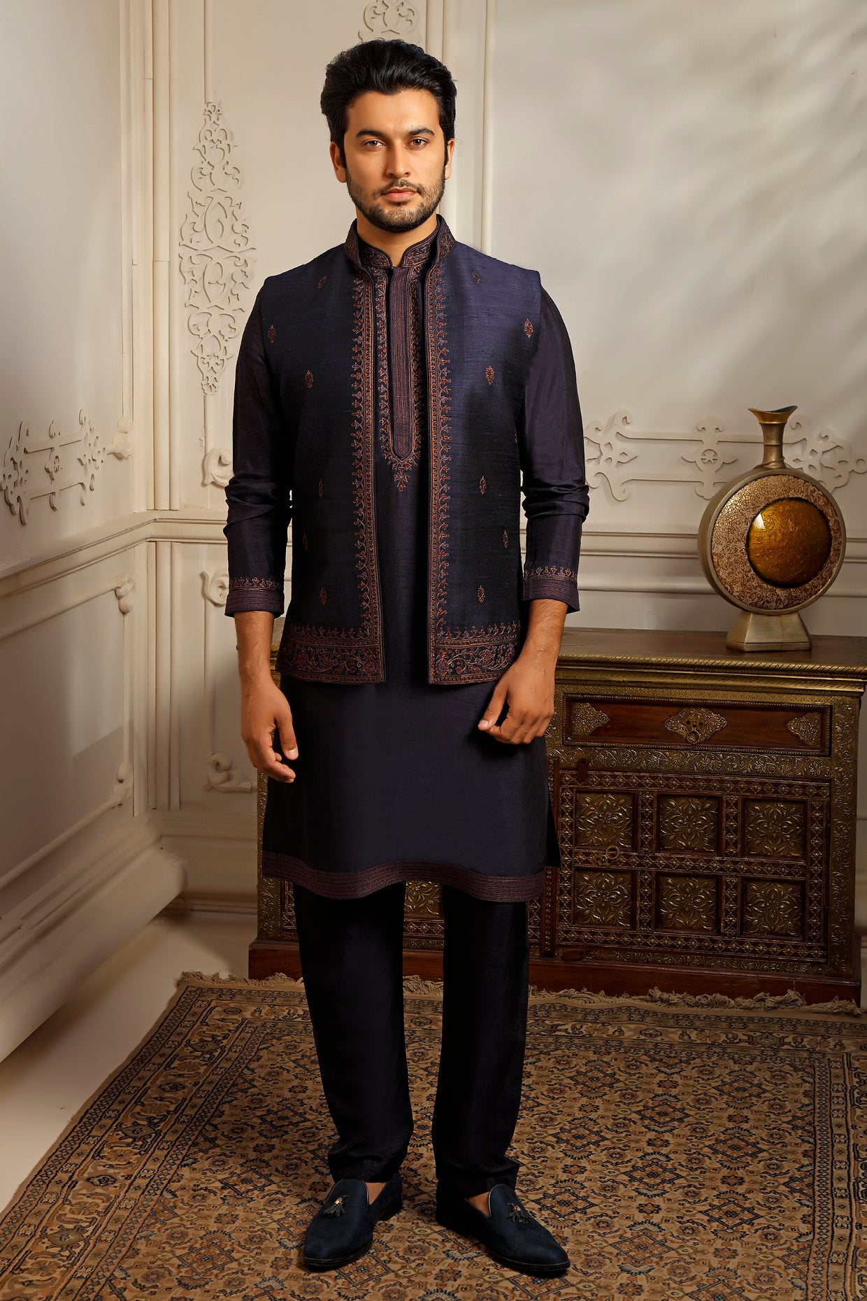 Blue Raw Silk Aari Embroidered Indowestern Set