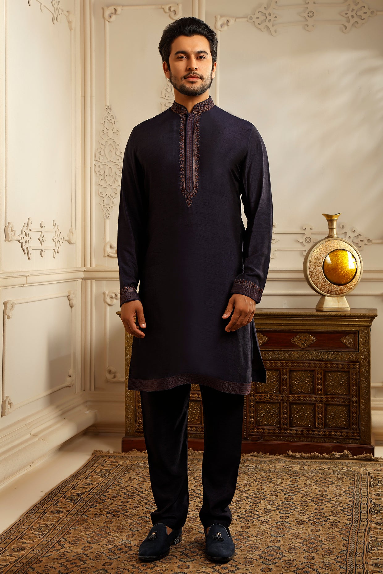 Blue Raw Silk Aari Embroidered Indowestern Set