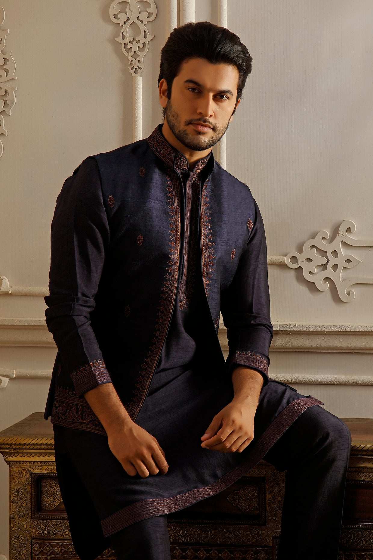 Blue Raw Silk Aari Embroidered Indowestern Set