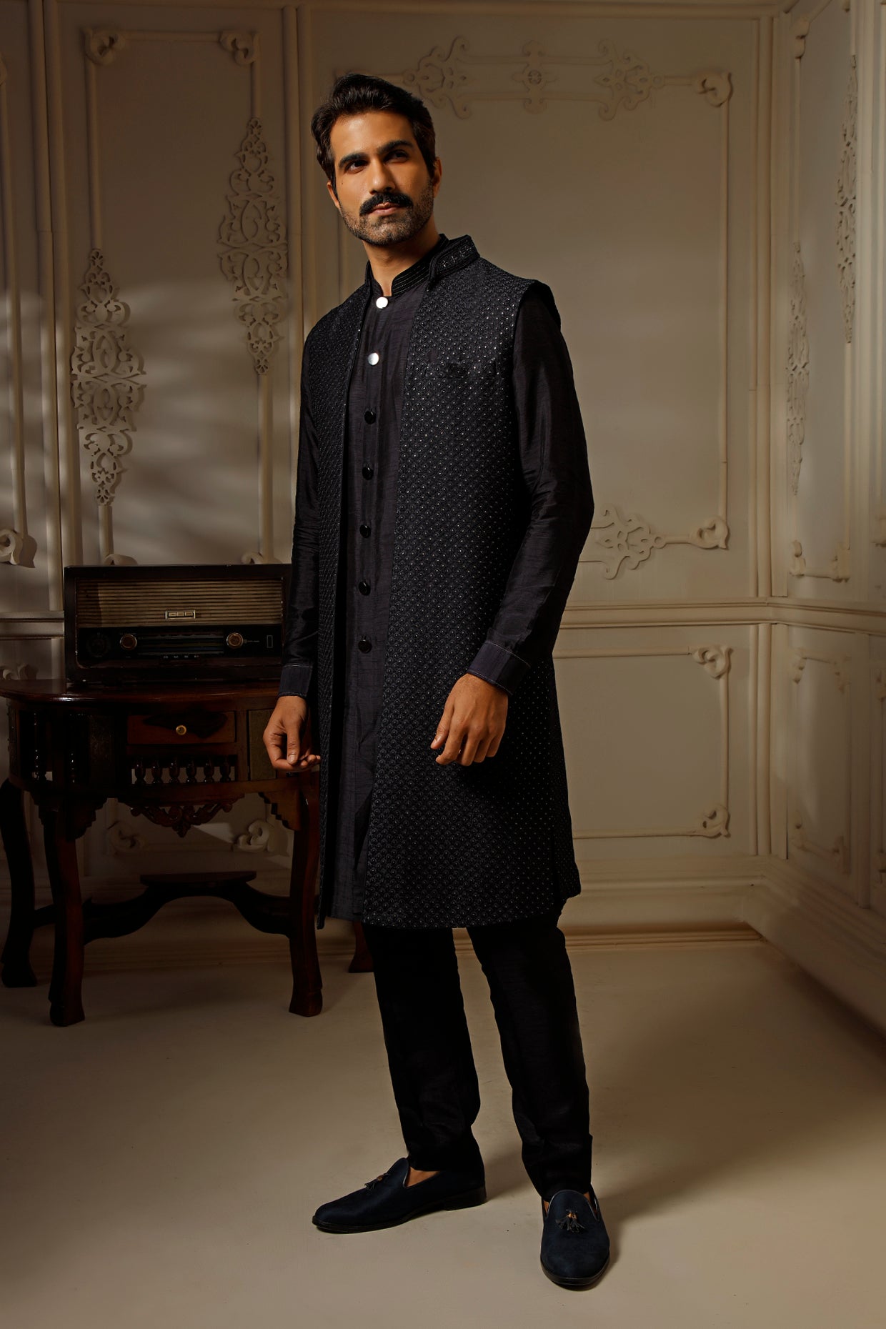 Navy Blue Soft Silk Resham Indowestern Set