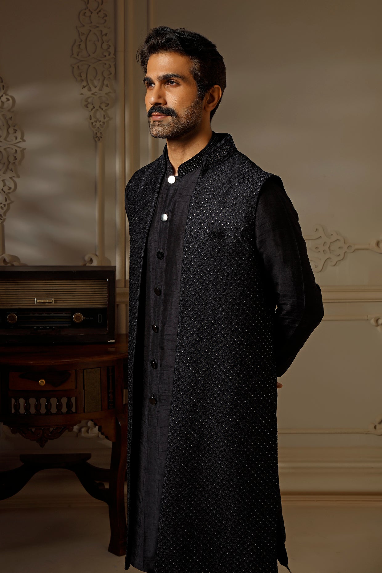 Navy Blue Soft Silk Resham Indowestern Set