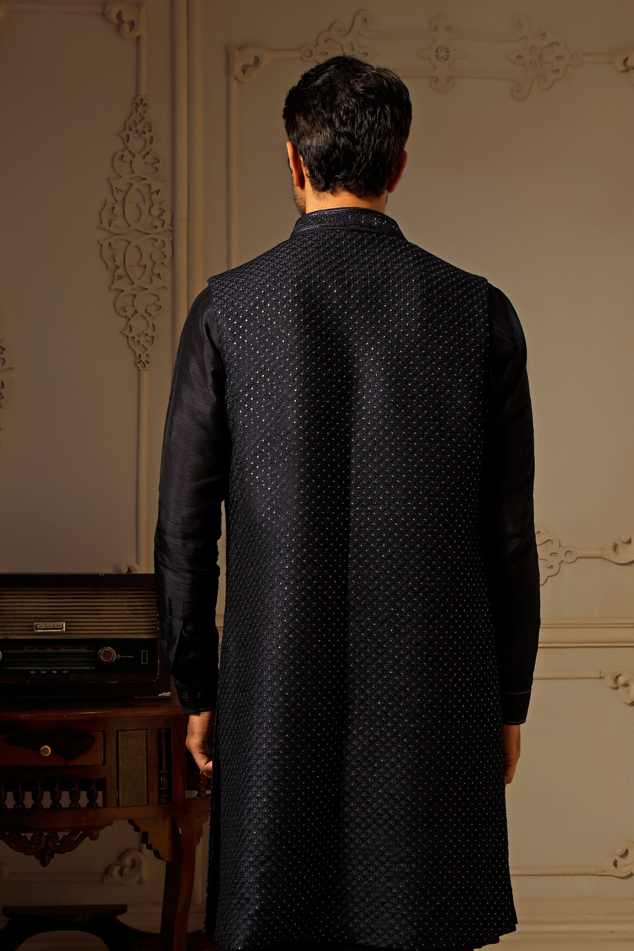 Navy Blue Soft Silk Resham Indowestern Set