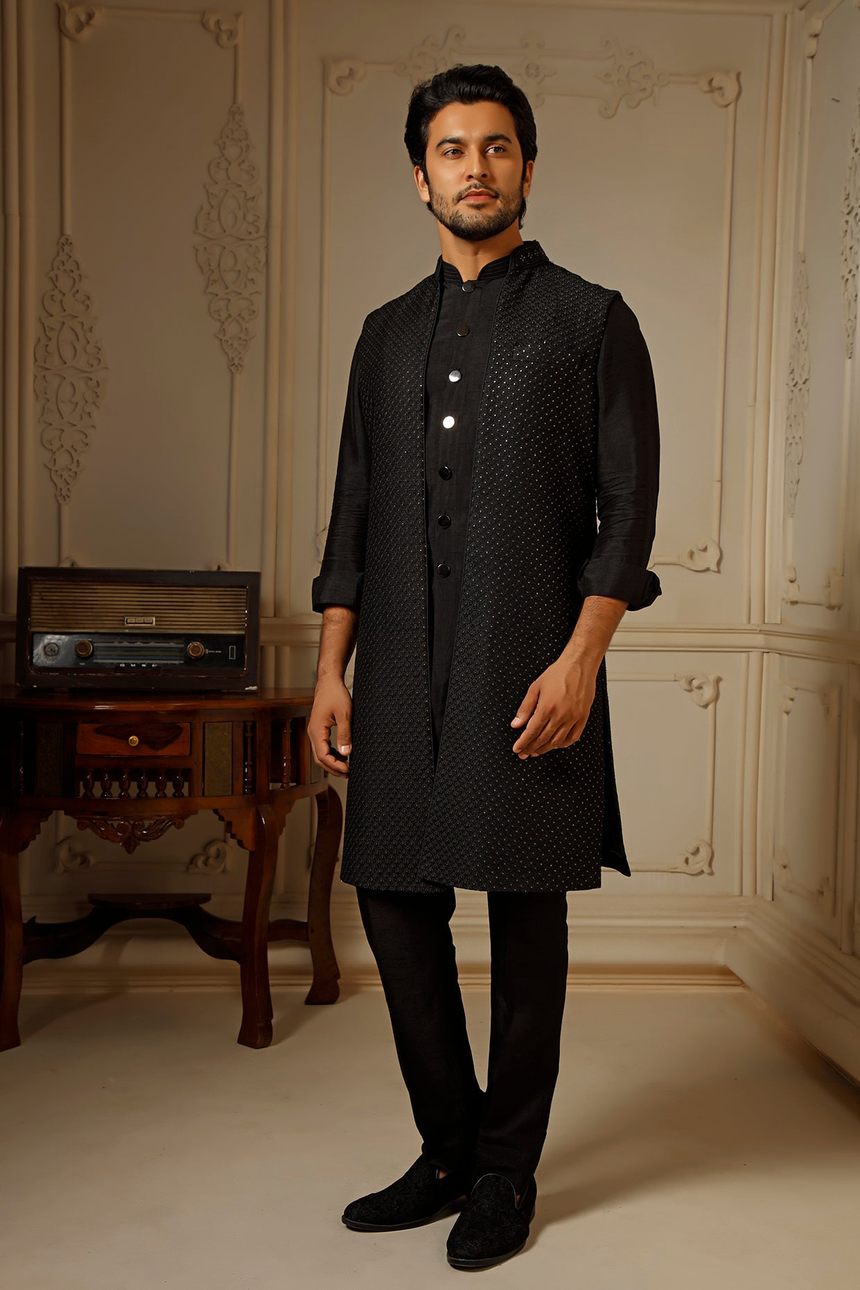 Black Soft Silk Resham Embroidered Indowestern Set