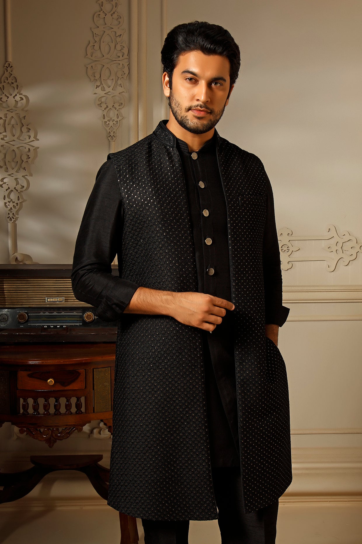 Black Soft Silk Resham Embroidered Indowestern Set