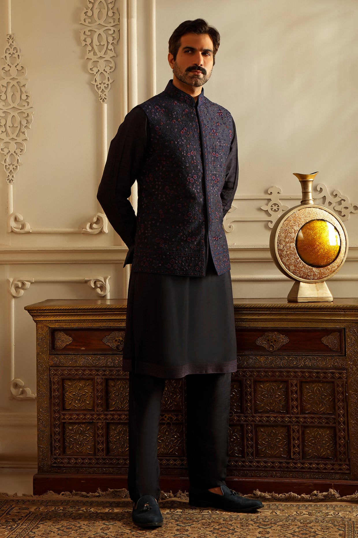 Blue Raw Silk Aari Embroidered Bundi Jacket Set